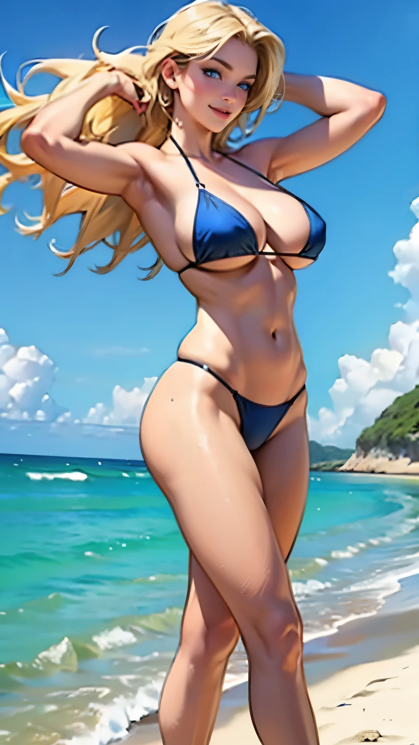 Masterpiece, highest quality, 4k, ultra detailed, beautiful caucasian woman, big smile, blonde hair, blue eyes, slim body, huge breasts, bikini, standing at the beach