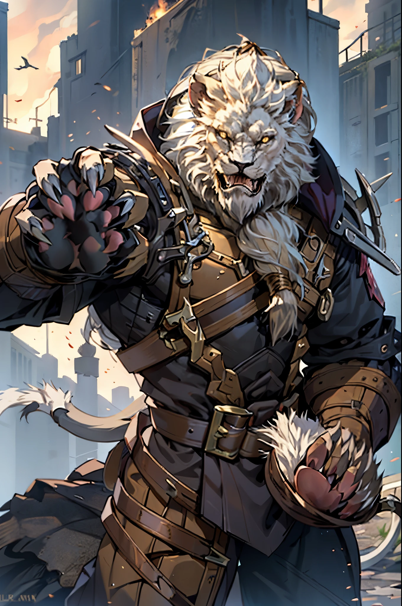 good quality, humanoid lion, Furry, a lush mane, mercenary clothing, Combat clothing, A lot of growth, claws, (Lion's paws:1.5), hands clenched into a fist, Medieval town in the background