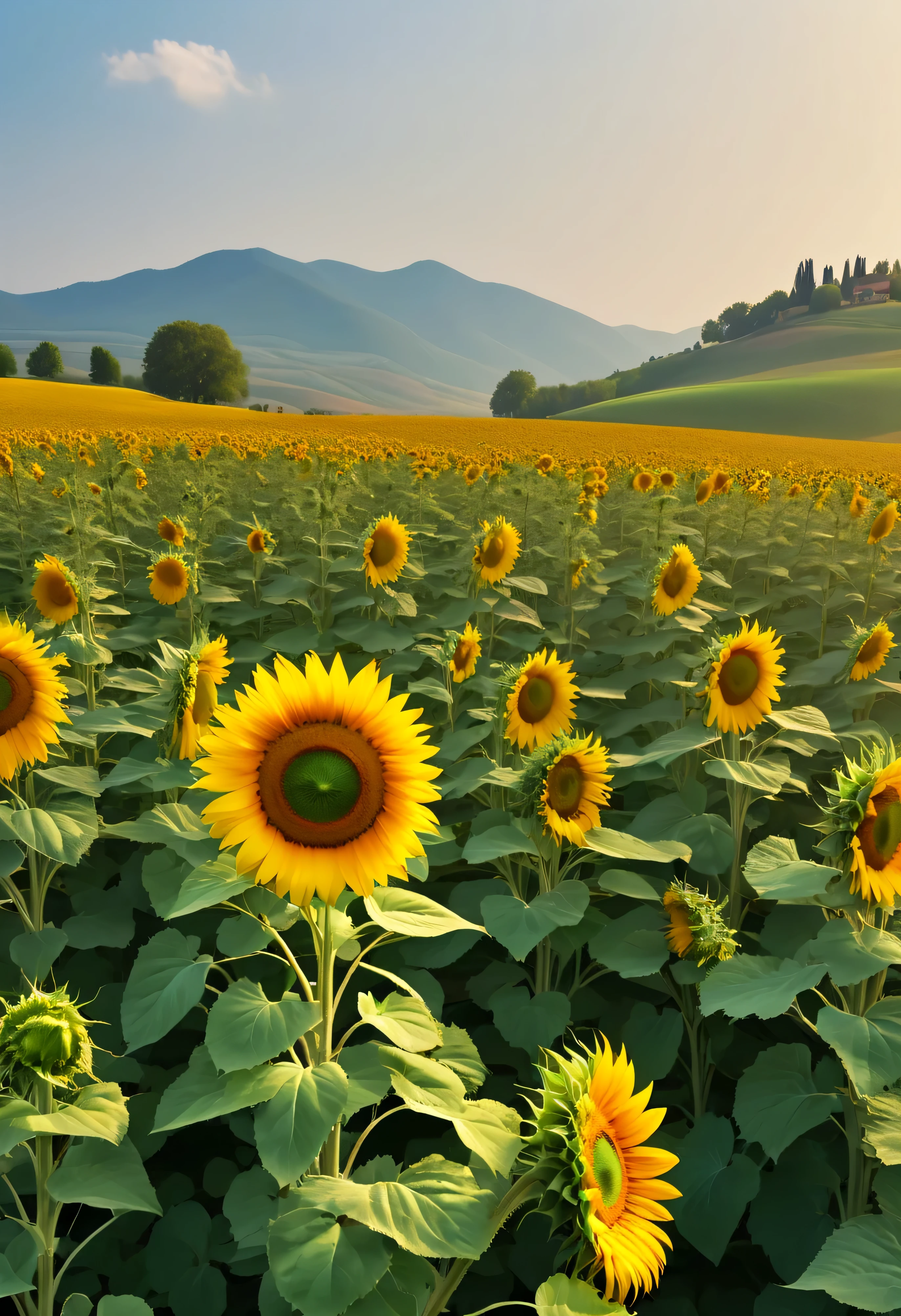 An endless sea of sunflowers(best quality,4k,8k,high resolution,masterpiece:1.2),super detailed,(actual,photoactual,photo-actual:1.37),Flower sea view,spring landscape,beautiful blooming flowers,fresh green grass,clear blue sky,golden sunshine,bright colors,peaceful atmosphere,Peaceful and peaceful,Picturesque scenery,the smell of nature,warm breeze,gently rolling hills,nature&#39;of gifts,distant birds chirping,The soft sound of the rustling of leaves,symphony of nature,fresh air,happy calm,Immerse yourself in the beauty of nature.There are fresh and obvious sunflowers in the close shot