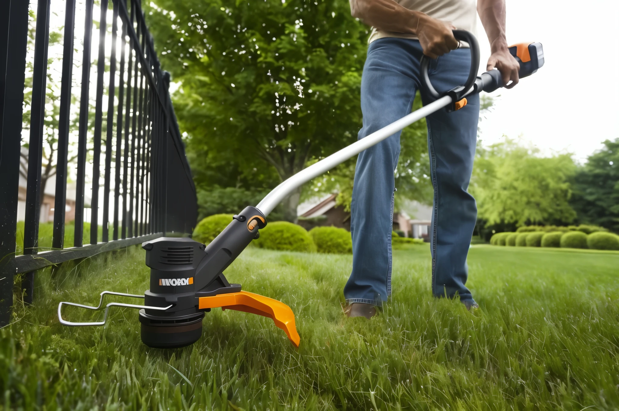arafed man using a string trimmer to trim a grassland, gardening, Clear and smooth lines, smooth strokes, Clear and smooth lines, with a lush grass grassland, Amazing details, Clear details, Perfect details, Strong writing power, accurately depict, Super detailed, grassland, Trimmed, Heartbreakingly beautiful, Crisp and sharp, 3 4 5 3 1