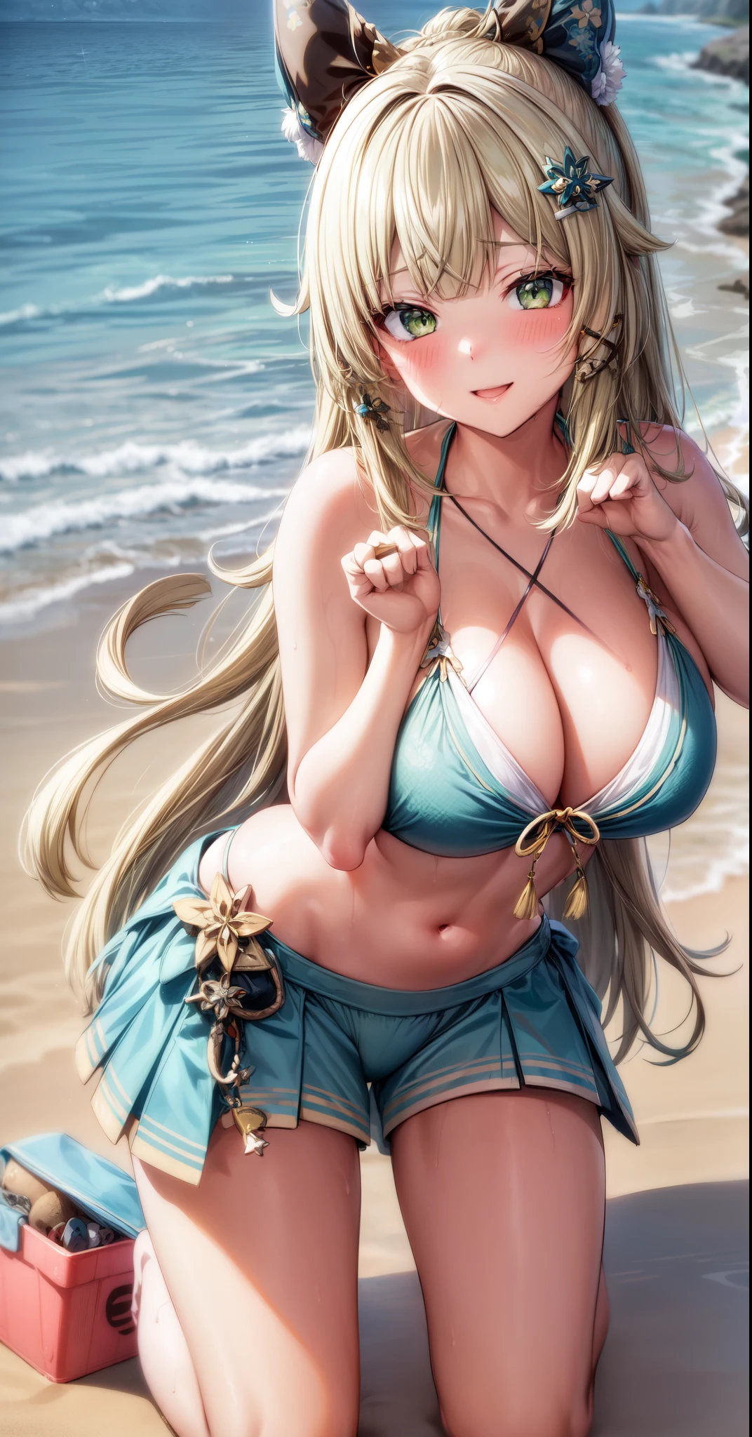 anime, beautiful face, highly detailed face, (highly detailed green eyes:1.2) , highly detailed beach background, best lighting, no shadows, 1girl, solo, outdoors, genshin impact, Kirara, bangs, beautiful long blonde hair, hair ornament, cat ears, absurdres, high res, ultrasharp, 8K, masterpiece, looking at viewer, blushing, (teasing smile:1.2), BREAK (detailed sexy beach bikini:1.4), (sexy pose:1.2), close up, (hands behind head:1.3), (kneeling on the beach:1.3)