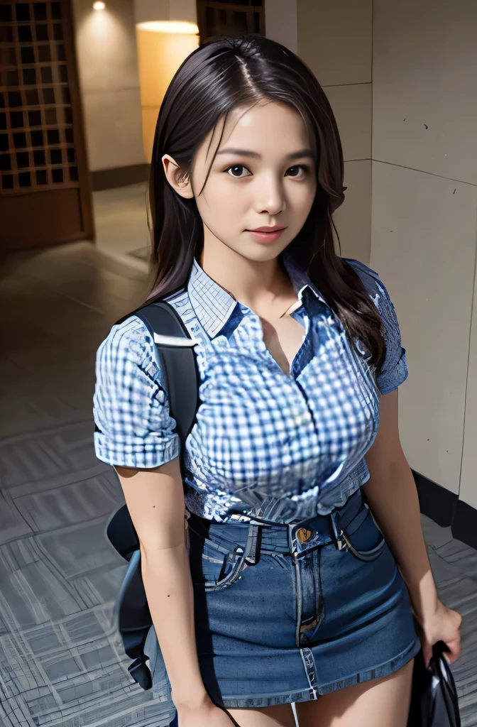 (natural landscape photography), (highest quality), table top:1.2, 超A high resolution, ((cowboy shot:1.4))、realistic:1.4, RAW photo, ((hotel lobby:1.4)), (shot from below), ((Short sleeve open collar blue gingham check shirt:1.4)),(1 girl), (Photo from above the knee:1.3), (18-year-old), (Happy:1.2), (wet skin), (real skin), (medium long hair, dark brown hair)、 ((Denim skirt that highlights your thighs:1.4)), ((carrying a big backpack:1.4)), (highly detailed face), (Super beautiful maid), (highly detailed eyes), (highly detailed nose), (super detailed mouth), (super precision arm), (ultra-definition body), pan focus, look at the audience、smiling girl