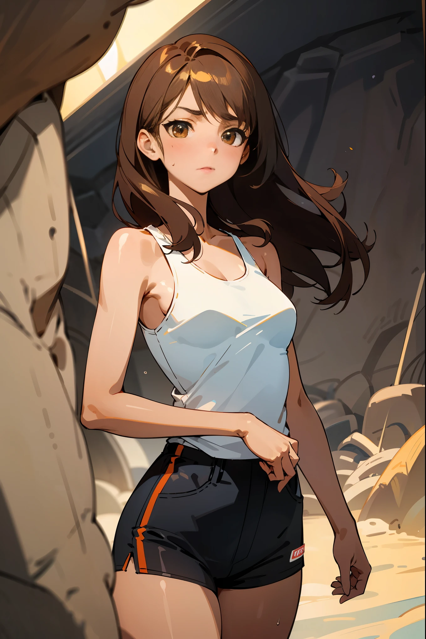 (fine lineart), masterpiece,best Quality,extremely beautiful detai led anime face and eyes,cowboy shot,gal.safetensors,20-year-old、Beauty,solo, brown hair,long hair,brown eyes,slender body,very small head、medium breasts,brown skin,gleaming skin,oily skin,shiny skin,sweat,muddy skin、white tight tank top、micromini shorts,explorer&#39;s equipment、In a dark cave、rocky place、