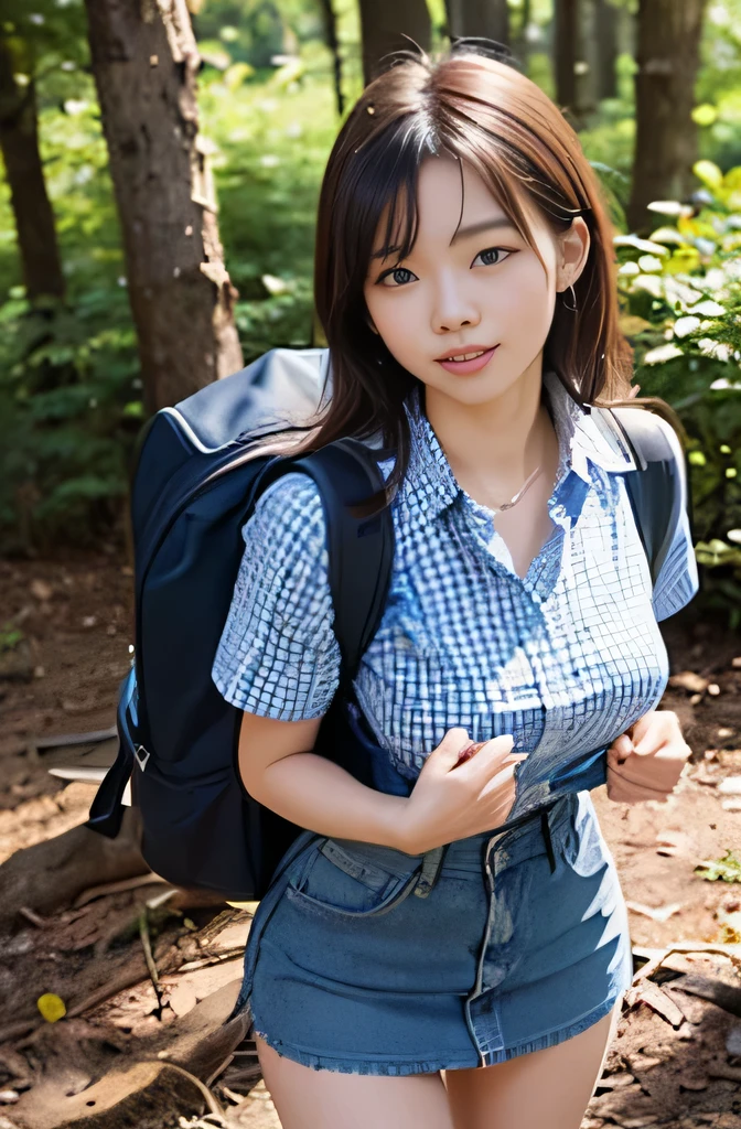(natural landscape photography), (highest quality), table top:1.2, 超A high resolution, ((cowboy shot:1.4))、realistic:1.4, RAW photo, ((in the dark forest、wood々light shines into the space:1.4)), (wide angle shot), ((Short sleeve open collar blue gingham check shirt:1.4)),(1 girl), (Photo from above the knee:1.3), (18-year-old), (Happy:1.2), (wet skin), (real skin), (medium long hair, dark brown hair)、 ((Denim skirt that highlights your thighs:1.4)), ((carrying a big backpack:1.4)), (highly detailed face), (Super beautiful maid), (highly detailed eyes), (highly detailed nose), (super detailed mouth), (super precision arm), (ultra-definition body), pan focus, look at the audience、smiling girl