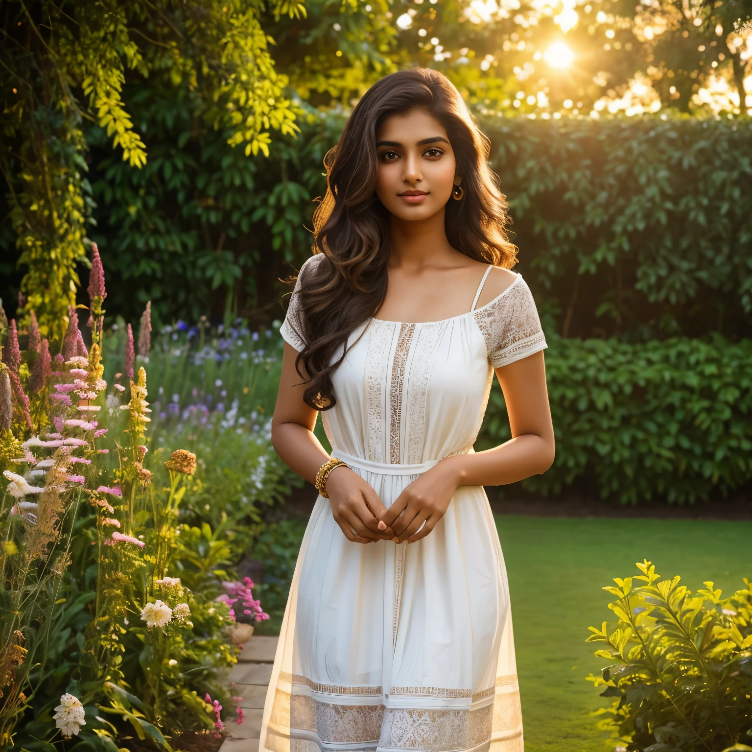 beautiful and tall Indian girl, 25 year old, fair skinned with wavy brown hair and brown eyes, wearing a white summer dress in a garden, looking at the viewer, sunset light, light skin, white skin 