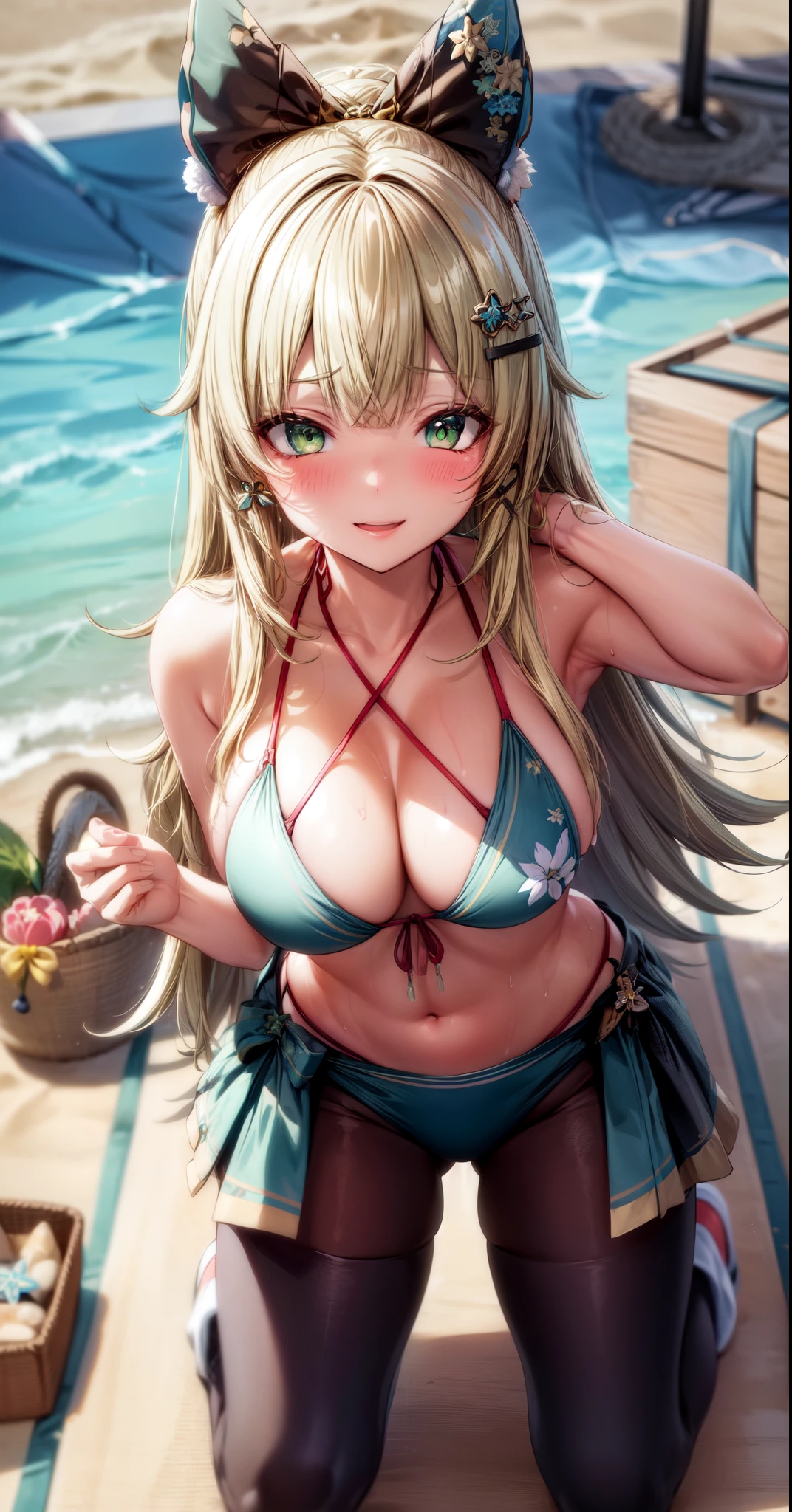 anime, beautiful face, highly detailed face, (highly detailed green eyes:1.2) , highly detailed beach background, best lighting, no shadows, 1girl, solo, outdoors, genshin impact, Kirara, bangs, beautiful long blonde hair, hair ornament, cat ears, absurdres, high res, ultrasharp, 8K, masterpiece, looking at viewer, blushing, (teasing smile:1.2), BREAK (detailed sexy beach bikini:1.4), (sexy pose:1.2), close up, (hands behind head:1.3), (kneeling on the beach:1.3)