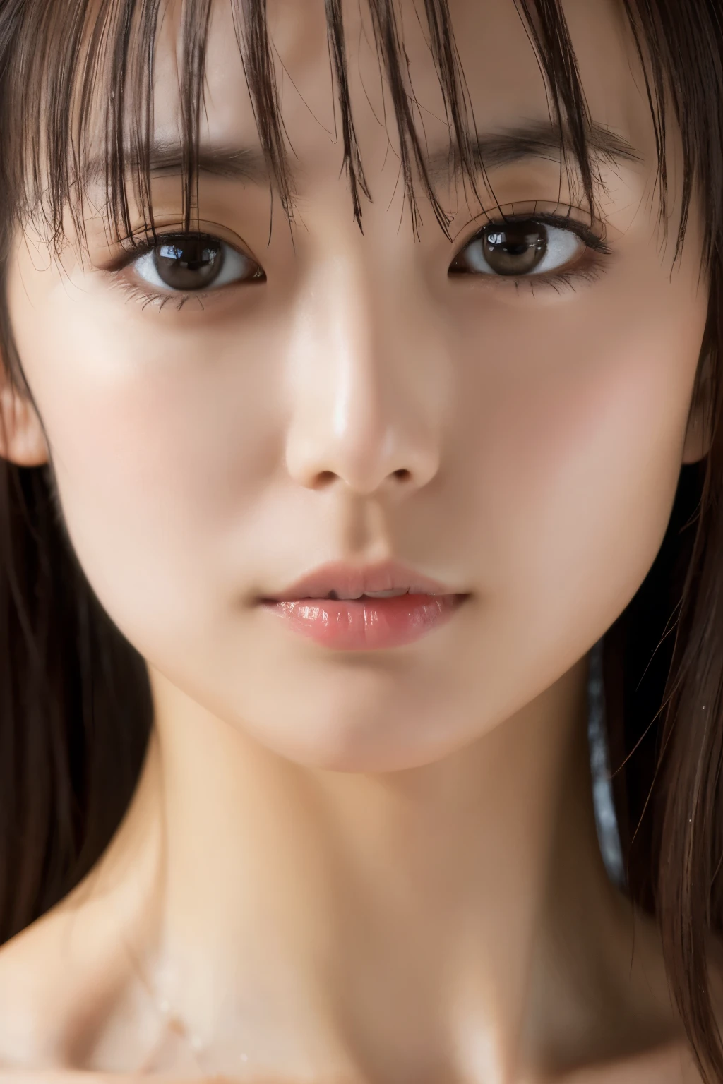 Masterpiece, Best Quality, Photorealsitic, Ultra-detailed, finely detail, high resolution, 8k wallpaper, Professional, high level of detail, 1girl in, Skinny Japanese woman, ((Facing the front)), Detailed clavicle, face perfect, straight hair, (look straight at a camera)