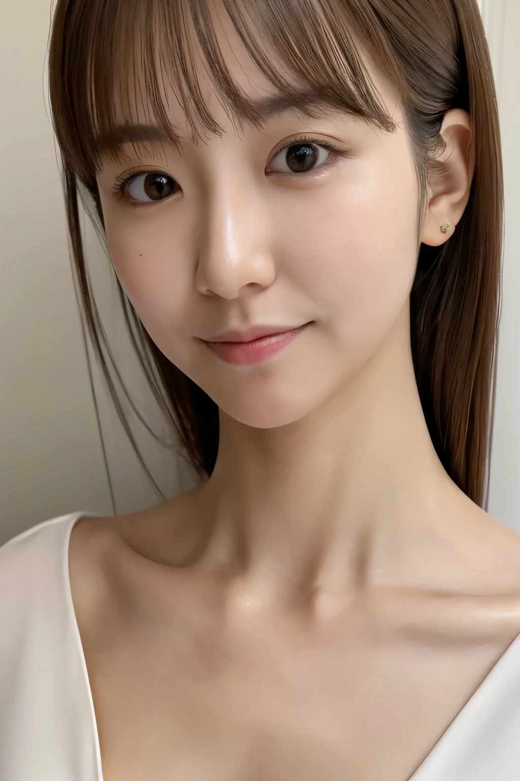 Masterpiece, Best Quality, Photorealsitic, Ultra-detailed, finely detail, high resolution, 8k wallpaper, Professional, high level of detail, 1girl in, Skinny Japanese woman, ((Facing the front)), Detailed clavicle, face perfect, straight hair, (look straight at a camera)