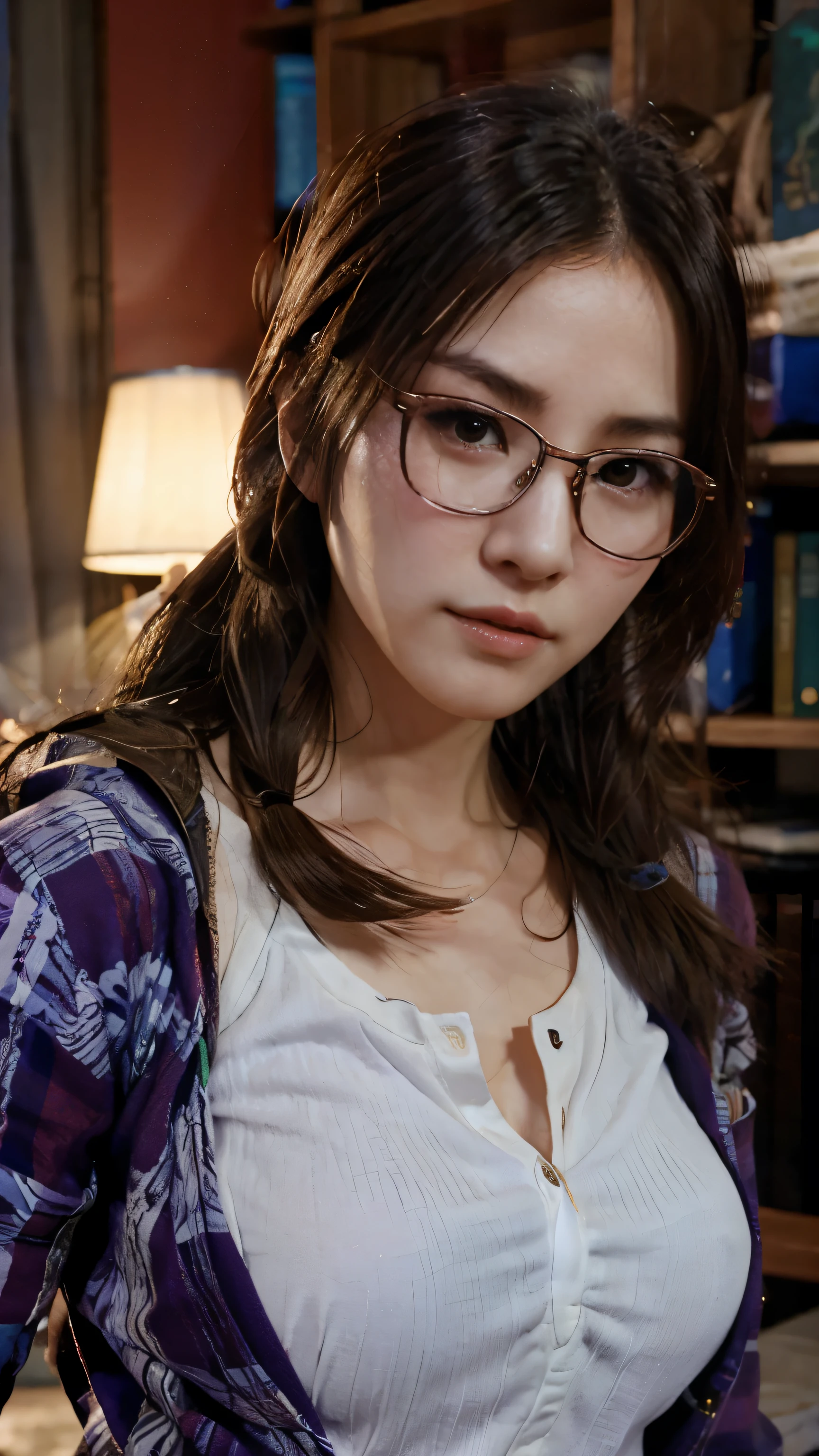 Julia chang from tekken. Purple flannl. Glasses.