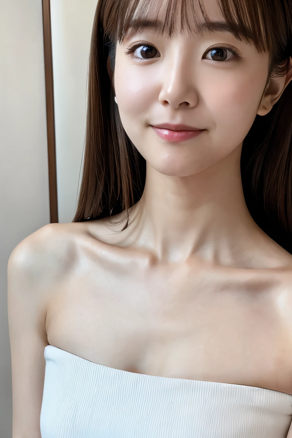 Masterpiece, Best Quality, Photorealsitic, Ultra-detailed, finely detail, high resolution, 8k wallpaper, Professional, high level of detail, 1girl in, Skinny Japanese woman, ((Facing the front)), Detailed clavicle, face perfect, straight hair, (look straight at a camera)