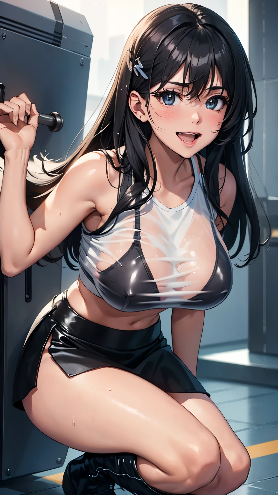 1 female,black hair,25 years old,(((blue shiny micro tight skirt)))((white tank top))(((blush、open mouth smile)),(((straight hair))),(((portrait))),crowd,,(wet with sweat)((sexy black bra and see-through tank top))(leather thigh high boots)(((big breasts)))