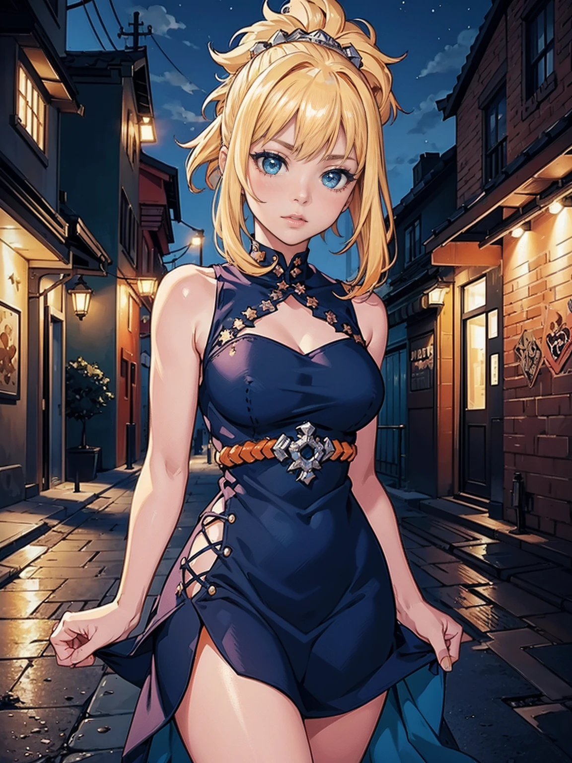(((Shy), pink lipstick, Extremely detailed, ambient soft lighting, 4k, perfect eyes, a perfect face, perfect lighting, a 1girl)), austere, ((high hell, stiletto high heels, (orange dress, orange bodycon dress, sleeveless, halter, single front), orange bodycon dress)), night sky, clouds, (graffiti alley, graffiti walls, in an alley, night, moonlight, starry night), (((austere, ((masterpiece, cowboy shot, intricate, highly detailed, 1girl)))), ((kohaku, blonde hair, blue eyes, kawai, cute, portraits, vivid colors, soft lighting))