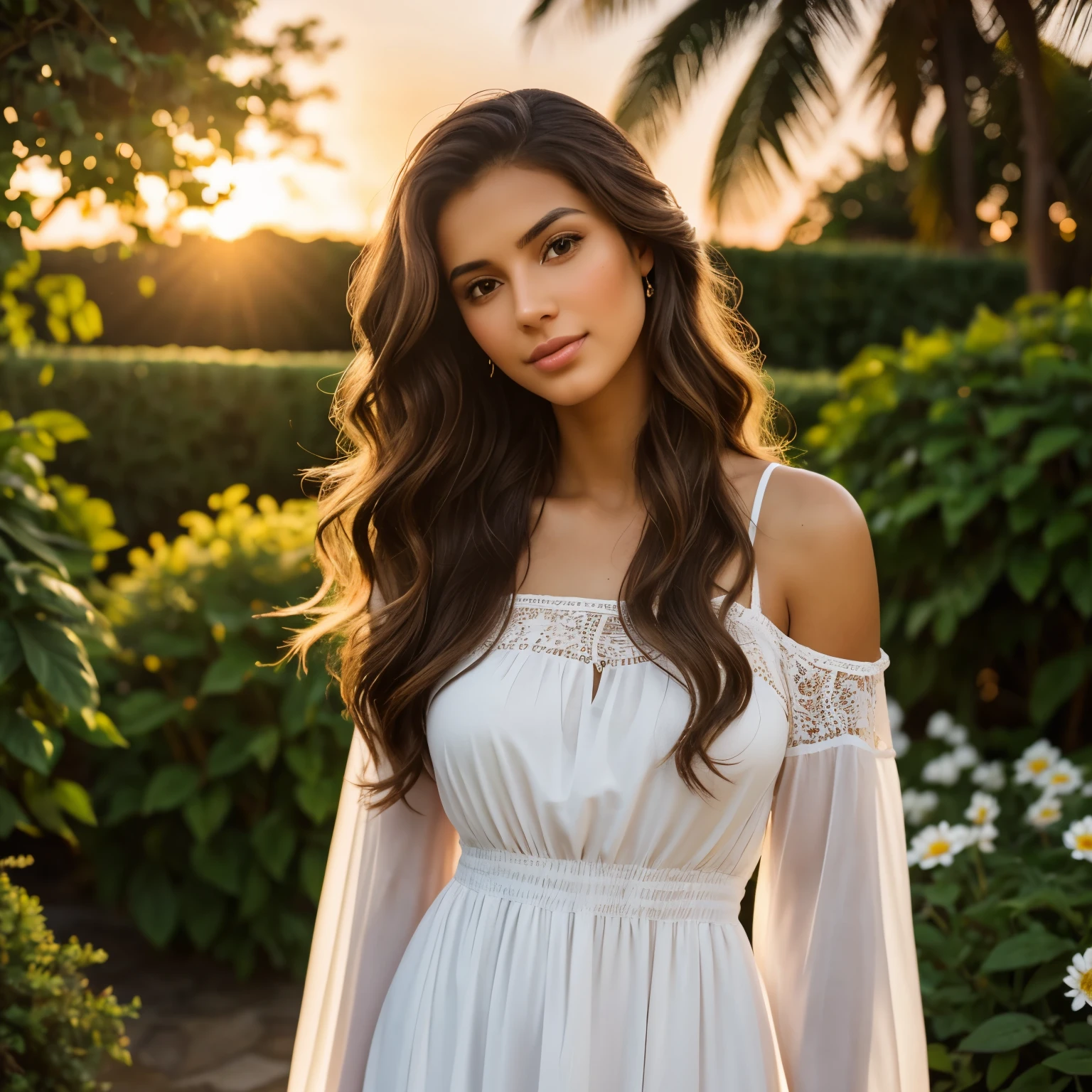 beautiful and tall latina girl, 25 year old, fair skinned with wavy brown hair and brown eyes, wearing a white summer dress in a garden, looking at the viewer, sunset light, light skin, white skin