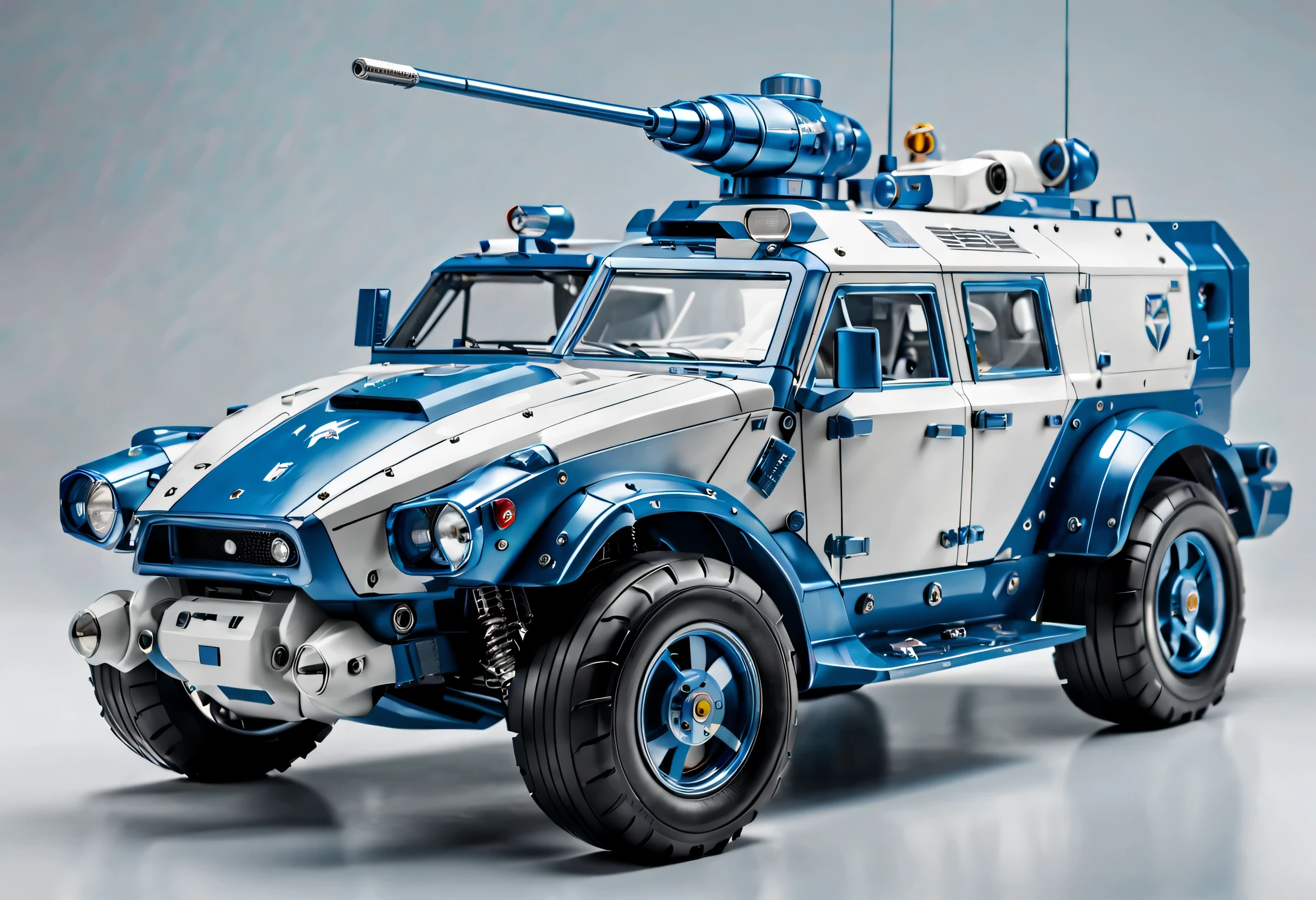 Pure light gray background, A white and blue transparent mechanical armored vehicle , The internal structure is complex and precise,  (Well-designed, high detail, masterpiece, best quality, ultra high definition, Sharpen details),New Jersey RS
