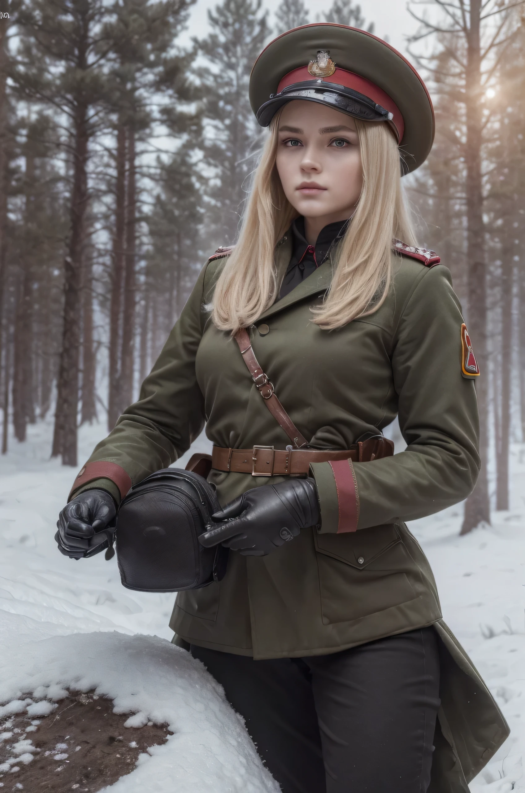 Beautiful young Soviet soldier woman, Latvian face, military hairstyle blonde hair, military hat, gloved hands, dark red uniform with black details, wears a pistol, belt with ammunition and transmitter, military boots, stands in a Polish forest, snowy day, red sky, 4k, Ultra detailed image, realistic, Highly detailed, perfect composition, splendid, Intricately detailed, incredibly detailed, Art photography 8K, hyper detailed, Masterpiece, Ultra detailed, hyper realistic, 4k, Ultra detailed image, realistic, Highly detailed , perfect composition, splendid, Intricately detailed, incredibly detailed, 8k fine art photography, hyper detailed, Masterpiece