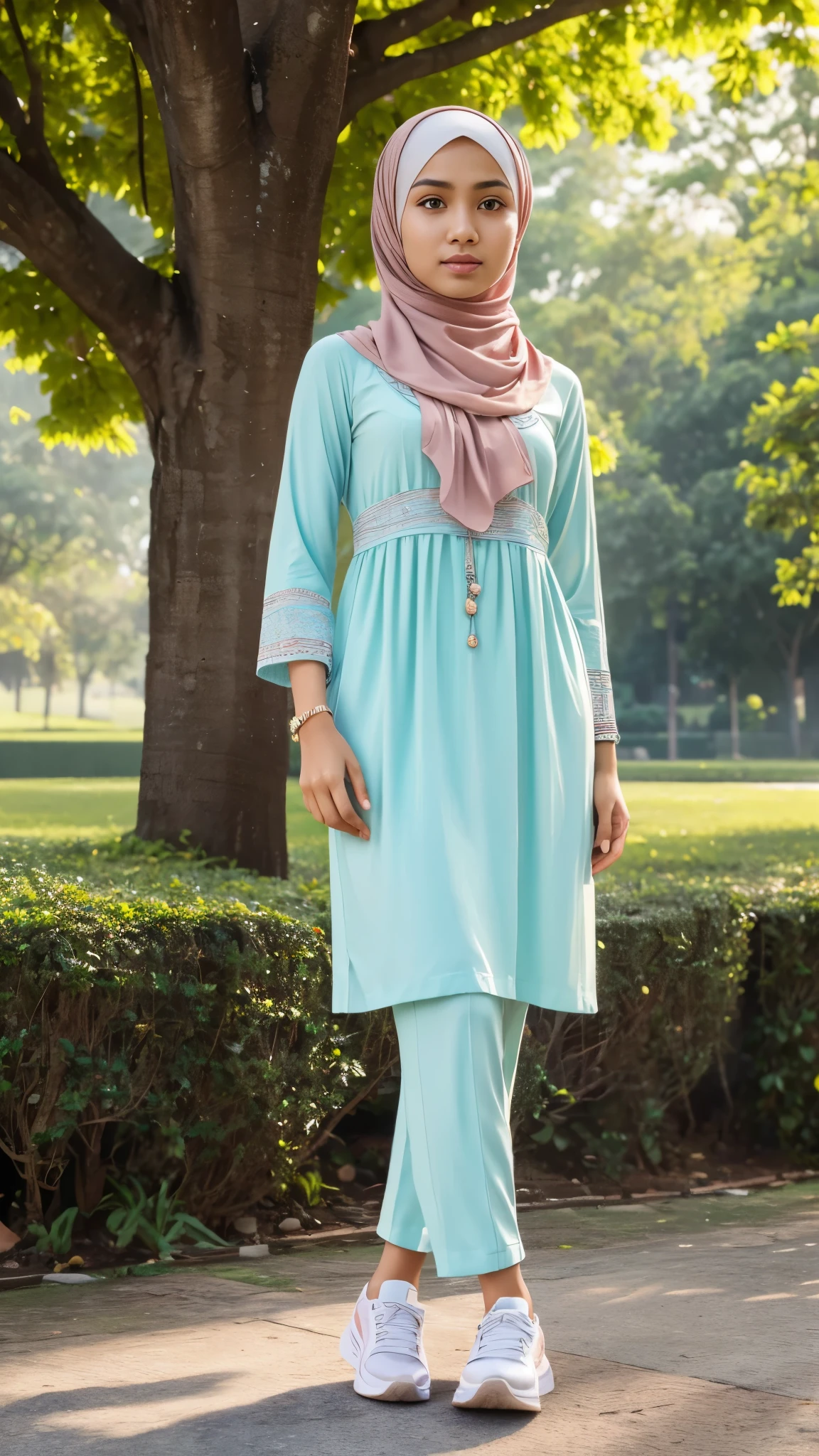 (best quality,highres),full body portrait,tall background,Indonesian boy,beautiful,detailed face features,perfect hijab,muslim women dress, pastel colored clothes,stylish sneakers,standing in a park,feminine pose,graceful expression,facing to viewer,body facing to viewer,green surroundings,soft sunlight,peaceful atmosphere.