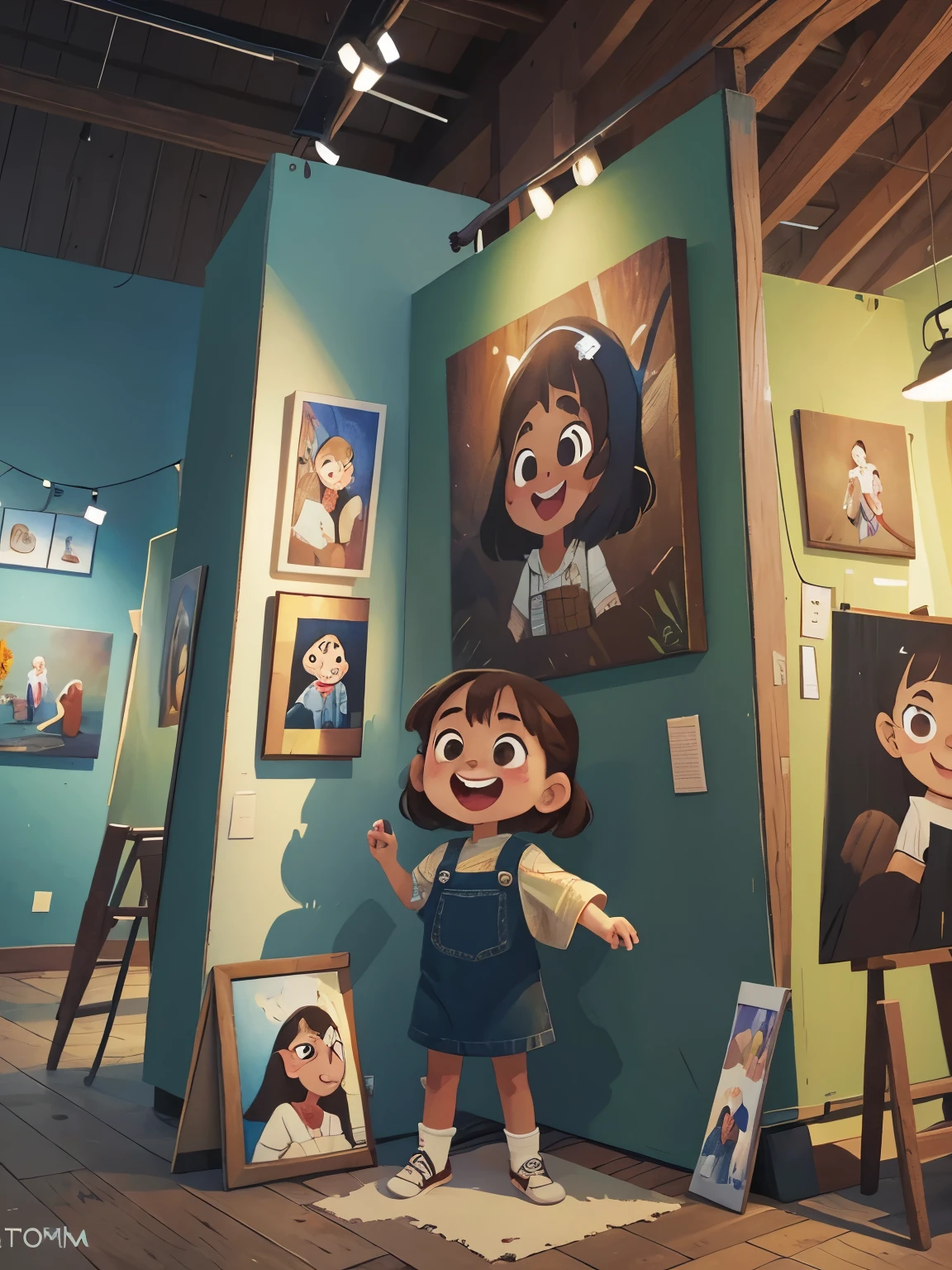 A big wall of canvas paintings. And art gallery. It's a booth stand at the same time. A girl is having fun on that Art Gallery Photo booth 