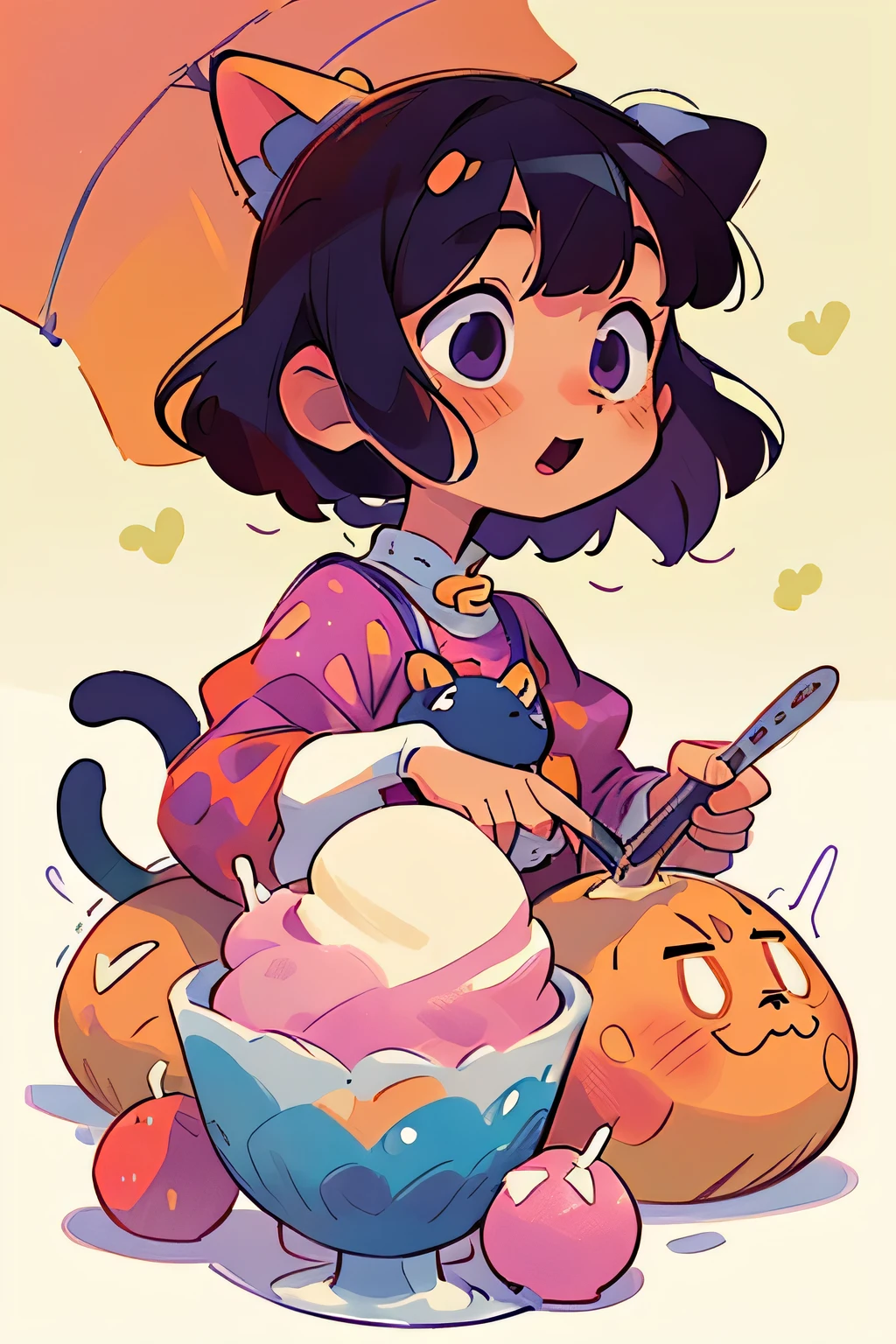 comics, Cat, Simple lines, Lovely, Hayao Miyazaki, contrast balance, Capturing quiet moments with painting, Yayoi Kusama dot pattern, dessert, diced fruit, 带有大胆的comics线条, White background, old meme core, Shaved ice dessert, happy, pink purple