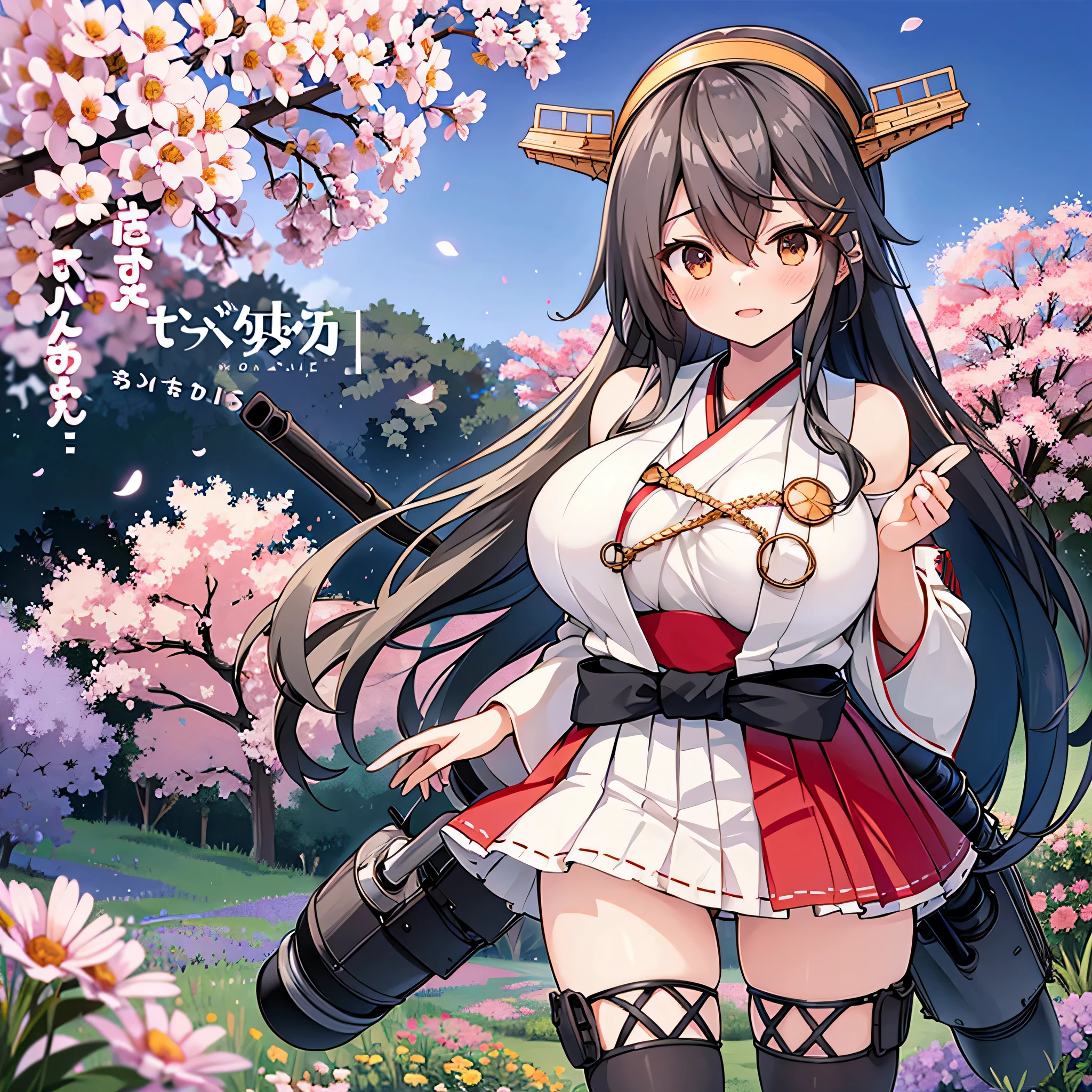 masterpiece, highest quality, young girl, alone, (flower_field:1.4),, smile, (KanColle), black hair, Valletta, gold eyes, with aaron, headgear, hair band, non-traditional shrine maiden, bare shoulders, wide sleeve, removed sleeve, waist ribbon, red skirt, short hakama skirt, pleated skirt, thigh height, thigh boots, from below,squat with legs apart,striped panties,blush,nipple,pussy,pussy,My clothes are transparent,nippleが透けて見える,My underwear is transparent,(huge breasts:1.8)
