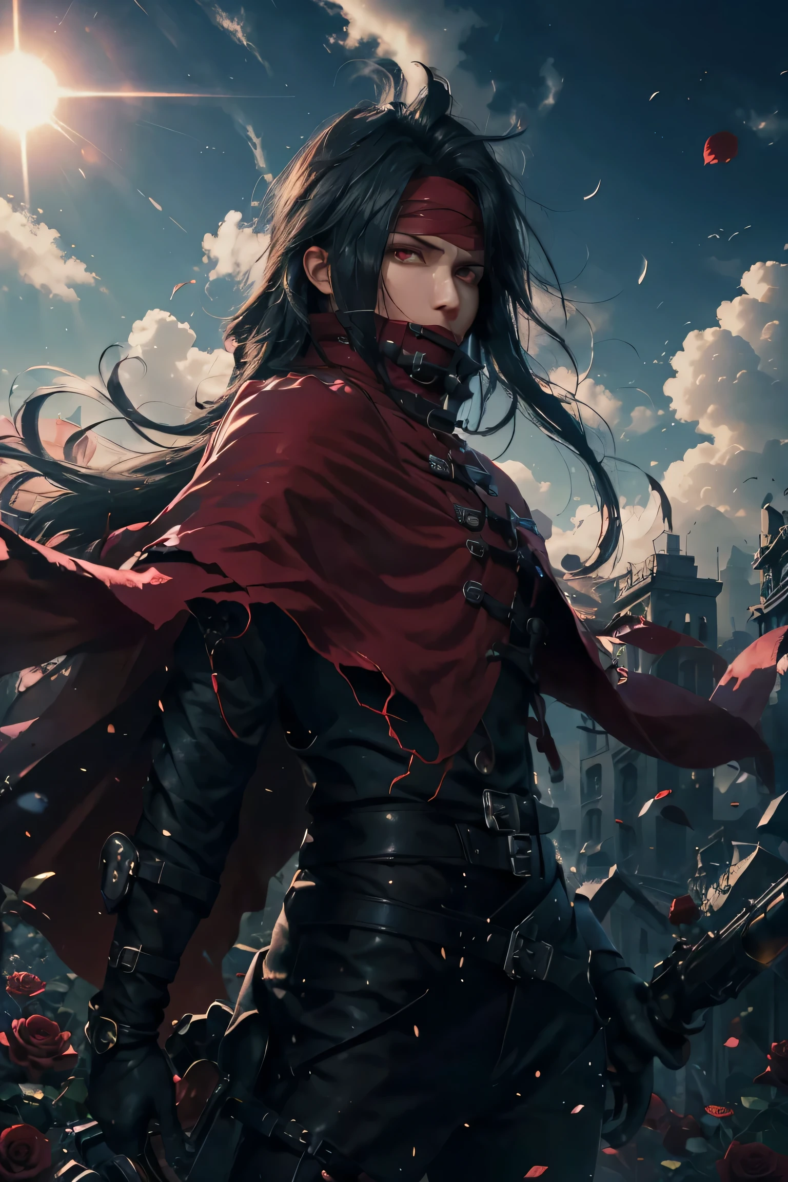 Vincent Valentine,male,Handsome guy,good looking, long black hair, red eyes, red cloak, red headband, wear the headband deeply,covered mouth, high collar, dark background, machine gun, Surrounded by bullets,dynamic pose,super high quality,super high quality,masterpiece,digital single lens reflex,realistic,Detailed details,vivid details,depicted in detail,detailed face,Detailed details,Super detailed,realistic skin texture,based on anatomical basis,perfect anatomy,anatomically correct hand,anatomically correct fingers,Complex 3D rendering,beautiful red rose field,Final Fantasy Worldview,fantastic morning sun,Amazing blue sky,
