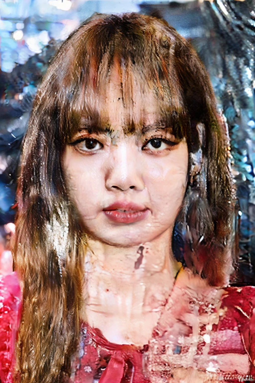 there is a woman sitting in a car in a red sweater, ulzzang, flequillo contundente cae sobre su frente, Lalisa Manobal, ella tiene el pelo ????? con flequillo, con cara linda - fina, sin maquillaje, aparcar desde-min, sun yunjoo, jaeyeon nam, pale korean adorable face, pale round face