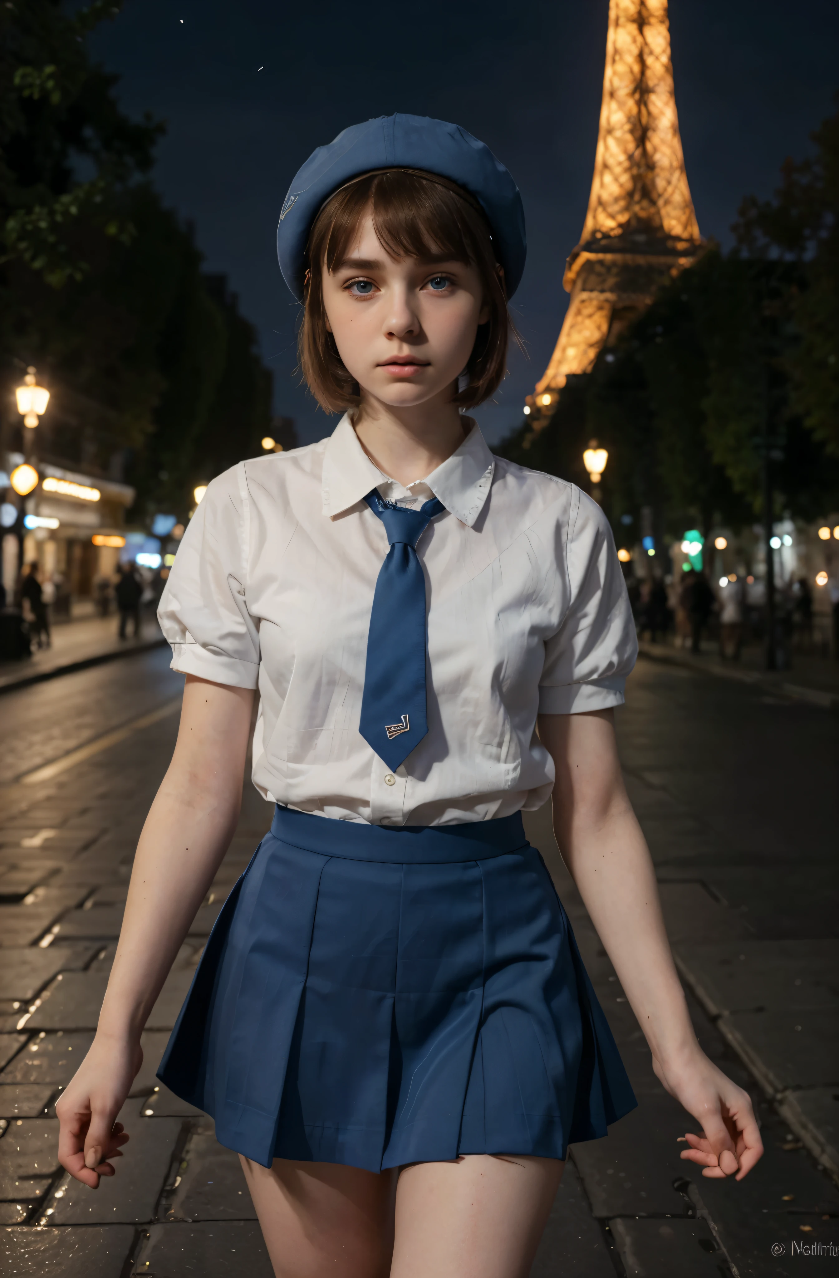 (best quality,hyper-realistic,ultra-detailed,8k), teenager, , shy, sad, paleness, big blue eyes, very white skin, small nose, very short brown hair with bangs, melancholy, delicate, feminine, skinny, elegant school white uniform, red french Beret, night street, Eiffel tower, city lights, elegant tie, White cat with red lace.