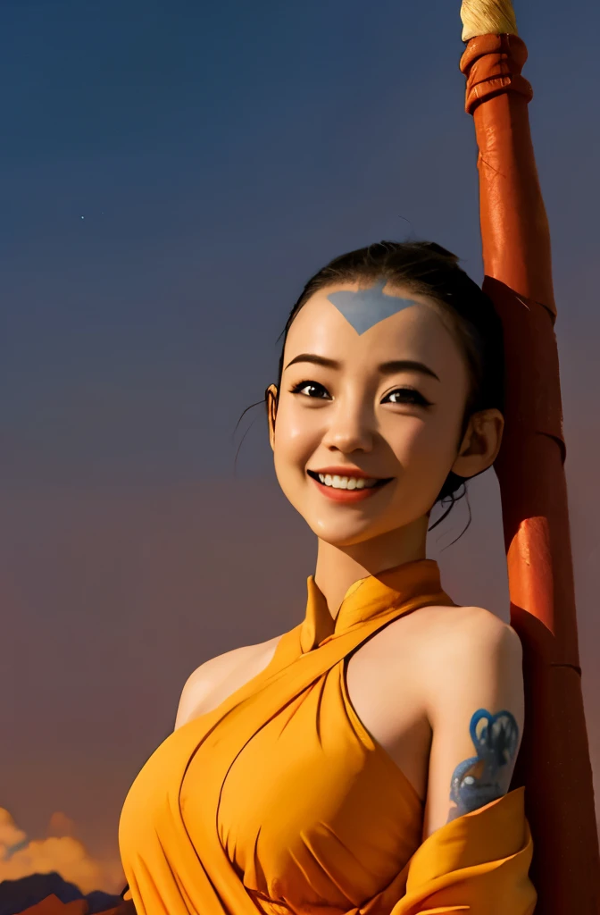 Character woman airbender, avatar series (avatar the last airbender), close up, orange yellow outfit, big breast, naughty smile, sharp eyes, sharp nose, The blue line on the forehead is typical of airbenders (airbenders tattoo sign), make realistic, ultra hd,  airbender temple for background, high hill,  strong gust of air,  show breast, half body. 