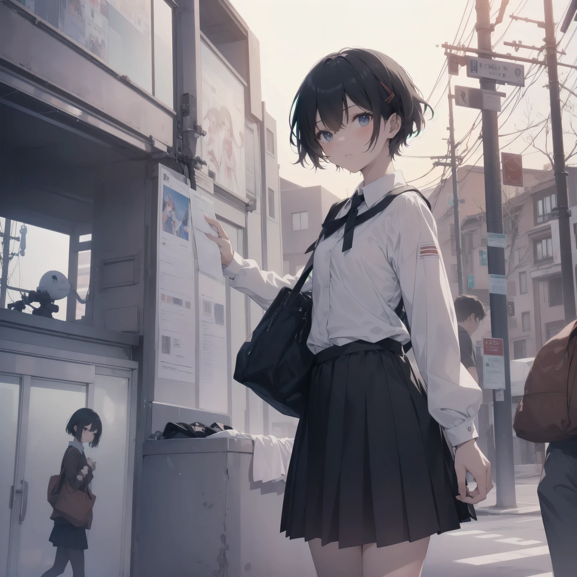 Super absurd quality by the god of art, super detailed, High resolution, anime moe art style, Best Anime 8K Kona-chan Wallpaper, pixiv contest winner, perfect anatomy, break,(眠そうにalone学校へ行く女の子を描いてください. )break,1 girl, (alone,little woman, baby face, 13 years old:1.3),All limbs, full finger,, The charm of an immature body, (very_short hair), bangs, flat chest, Small Bodysuits, small ass, between legs, small black eyes, detailed and beautiful eyes, Well-proportioned iris and pupils, expressive eyes, sleepy eyes, High resolutionの詳細な髪, hair grip, neck ribbon, skirt, collared shirt,  pleated skirt, school uniform, school bag,(detailed lighting), (detailed background), On the way to school. break,super dense skin, Best movie lighting by famous artists, 8k,cute illustration,photoshop_(Moderate),Absurd Hi-Res,Hmm,rough skin