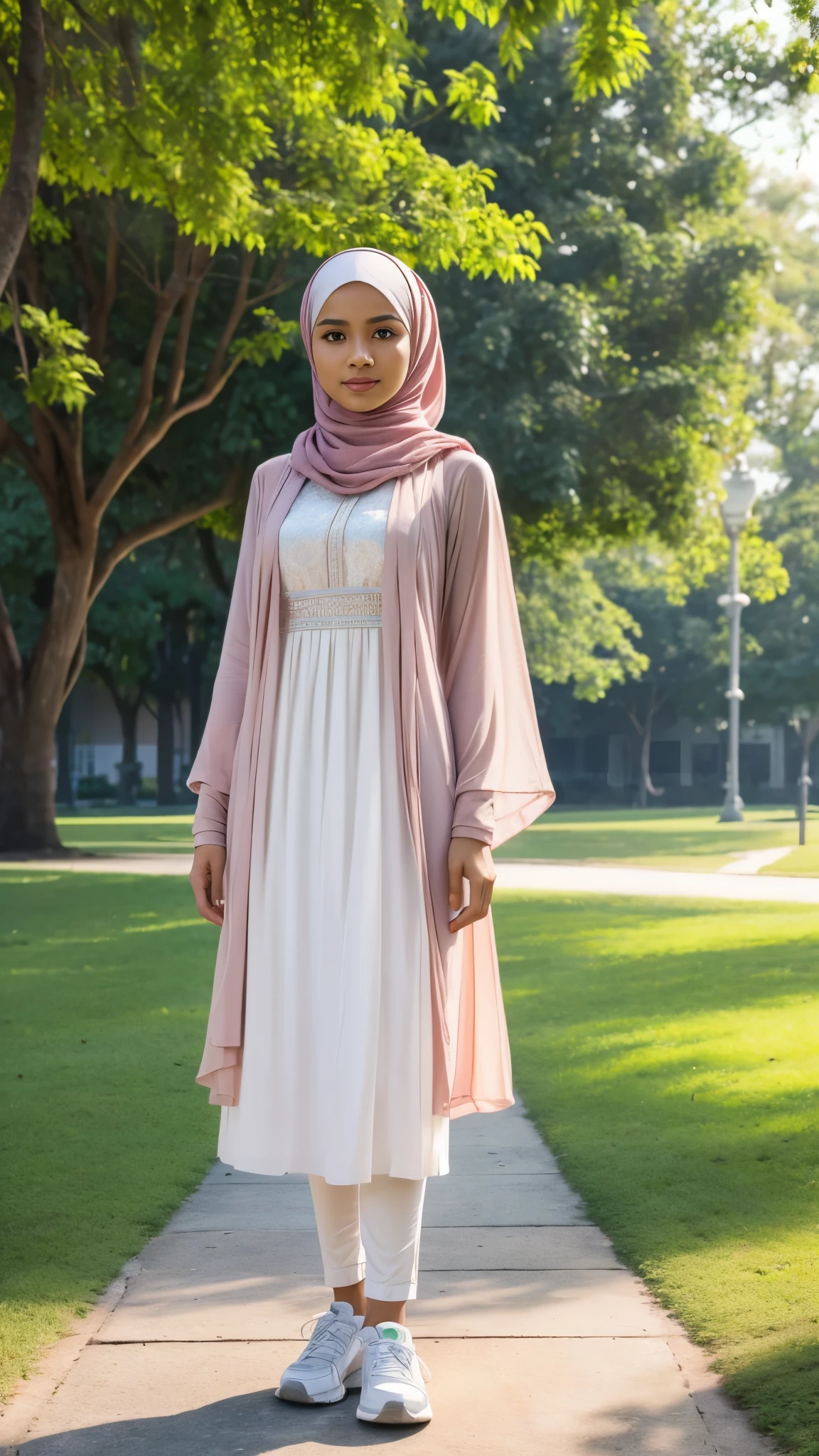 (best quality,highres),full body portrait,tall background,Indonesian boy,beautiful,detailed face features,perfect hijab,modern muslim women dress,pastel colored clothes,stylish sneakers,standing in a park,feminine pose,graceful expression,facing to viewer,body facing to viewer,green surroundings,soft sunlight,peaceful atmosphere.
