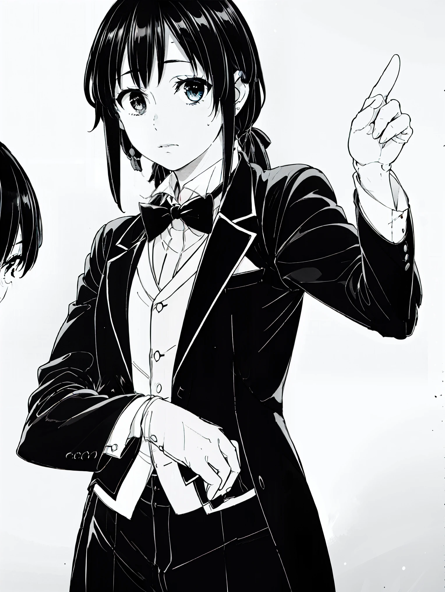 (masterpiece, best quality:1.2), 1girl, solo , yukinoshita yukino,b,classic black tuxedo,crisp tailored suit,sharp edges,perfectly fitted attire,sleek satin lapels,elegant bow tie,swagger,luxurious fabric