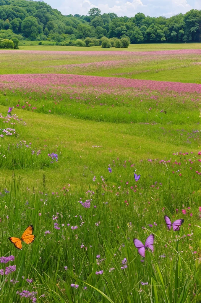 highest quality、Landscape with many butterflies fluttering、vast grassland、flower