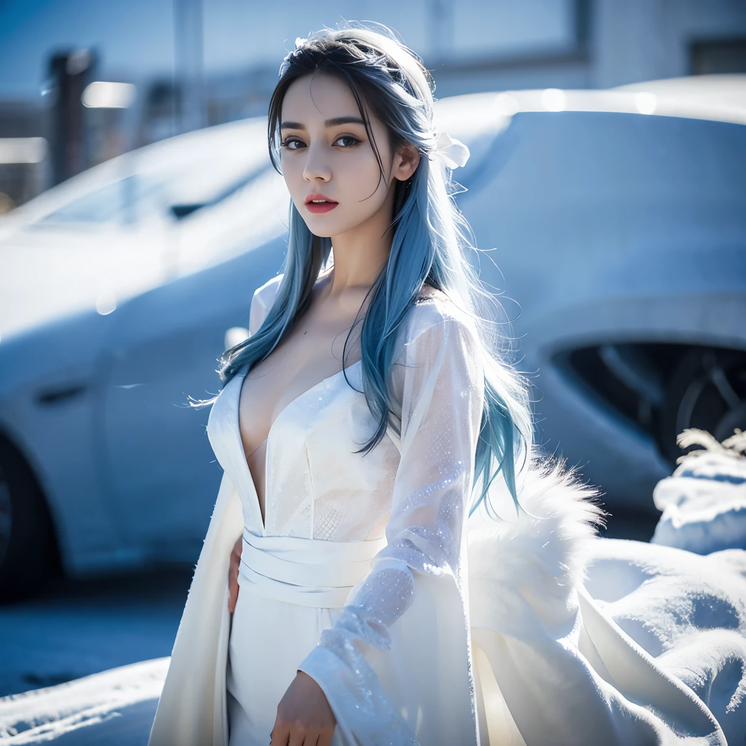((top quality、8k、Masterpiece:1.3))、Extremely delicate and beautiful girl,huge breasts,bigger breasts,Very white skin,fiery red lips,Waist is very thin,Thighs are very thin,White and smooth skin,Smooth and fair skin,flawless skin,Fair and shiny skin,cold white skin,The camera focuses on the chest,close shot,There are nine long white fox tails behind him,A scene of heavy snowfall,Snow covers the ground,snow mountain,lake,slim long skirt,light blue hair,The hair is light blue