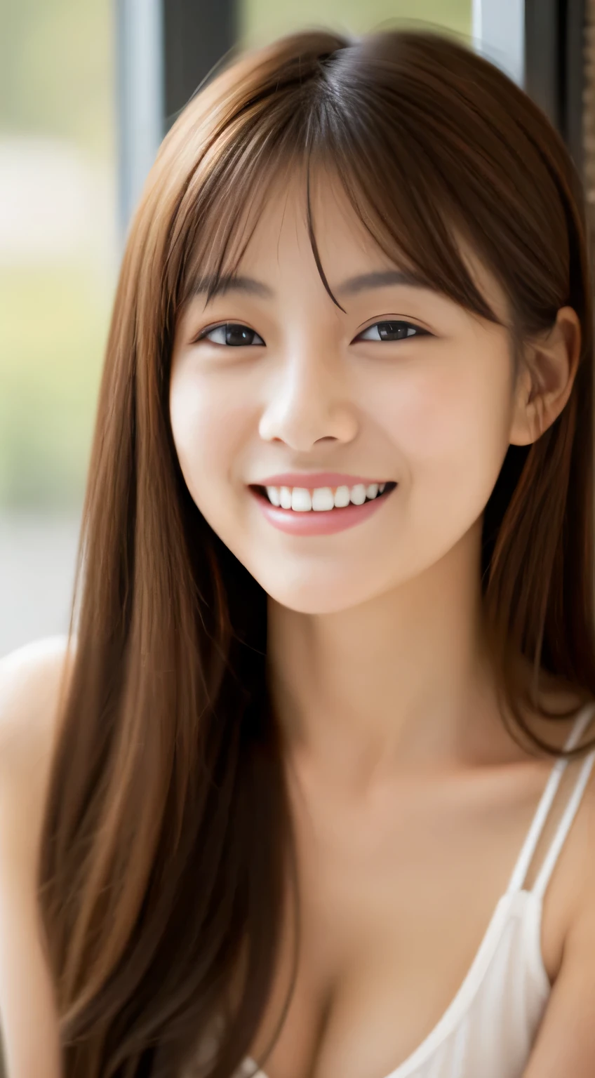 Japanese ),((beautiful girl)),cleavage,An expression that imagines something pleasant:1.2,(perfect body beauty:1.2),((perfect body)),(shy smile),beautiful teeth,