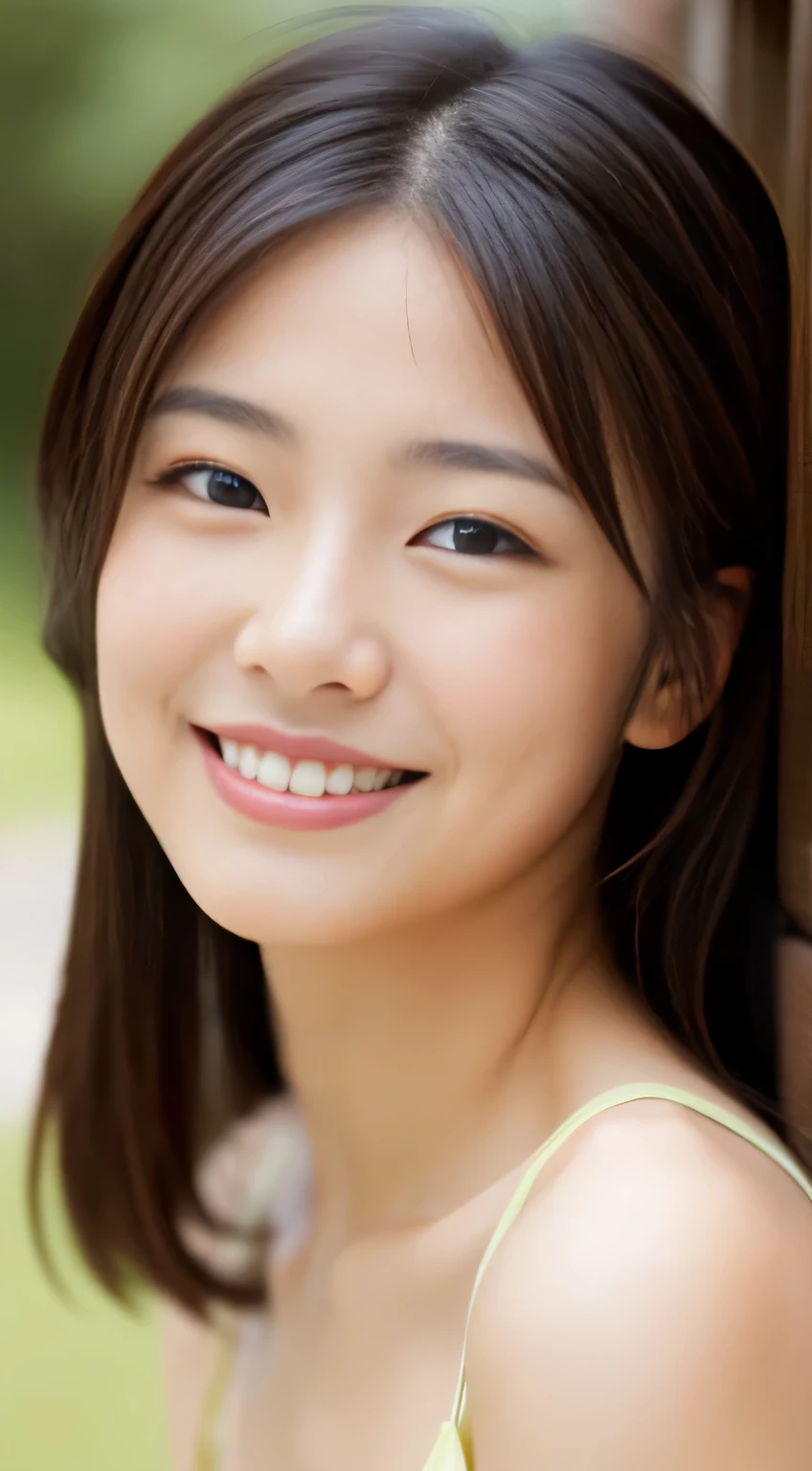 Japanese ),((beautiful girl)),cleavage,An expression that imagines something pleasant:1.2,(perfect body beauty:1.2),((perfect body)),(shy smile),beautiful teeth,