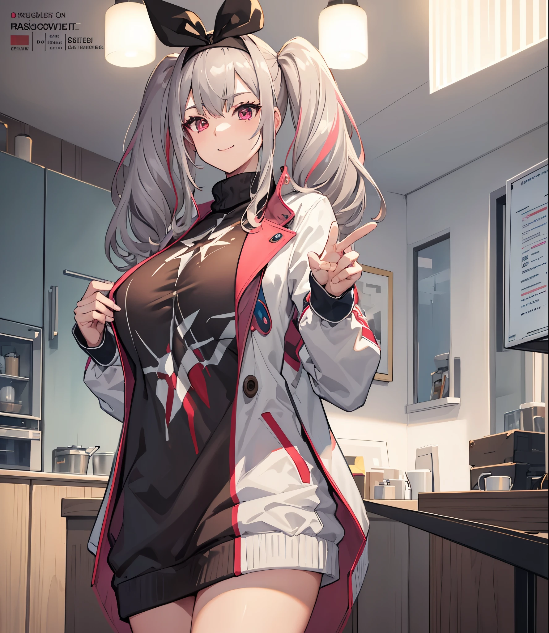 (extremely detailed CG unity 8k wallpaper), (((masterpiece))), (((best quality))), ((ultra-detailed)), (((illustration))), (best shadow), ((an extremely delicate and beautiful)), (detailed light), (well designed face), amazing face, (super detailed), cinematic shot, beautiful detailed eyes, detailed background, 1girl, ((gray hair)), multicolored hair, ((red eyes)), ((short twintails)), (headband), huge breasts, firts rate breasts, first rate female bodies, (sweater), white jacket, open jacket, upper body, inside a cafe, interior design, bewitching thighs, smile, cowboy shot,