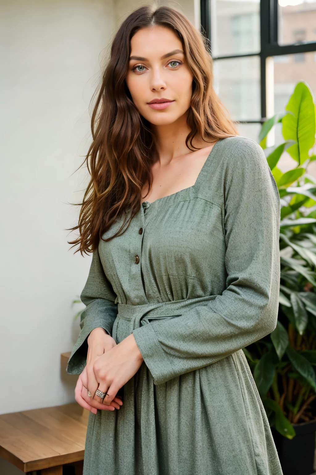 Woman in sustainable fashion, surrounded by organic fabrics and upcycled clothing (Advocating ethical fashion choices and environmental awareness in a workshop or eco-friendly store), Very detailed, 35 years old, earnest expression, long curly hair, green eyes, High resolution, Masterpiece, Best quality, intricate details, highly detailed, well-composed, detailed skin, realistic skin texture, texture, expressive eyes, professional, 4K, charismatic smile, recorded on Canon, 50 mm, shallow depth of field, Earth-toned color palette, perfectly tailored empire waist dress, Extremely detailed, photorealistic, realist, post-processing, maximum details