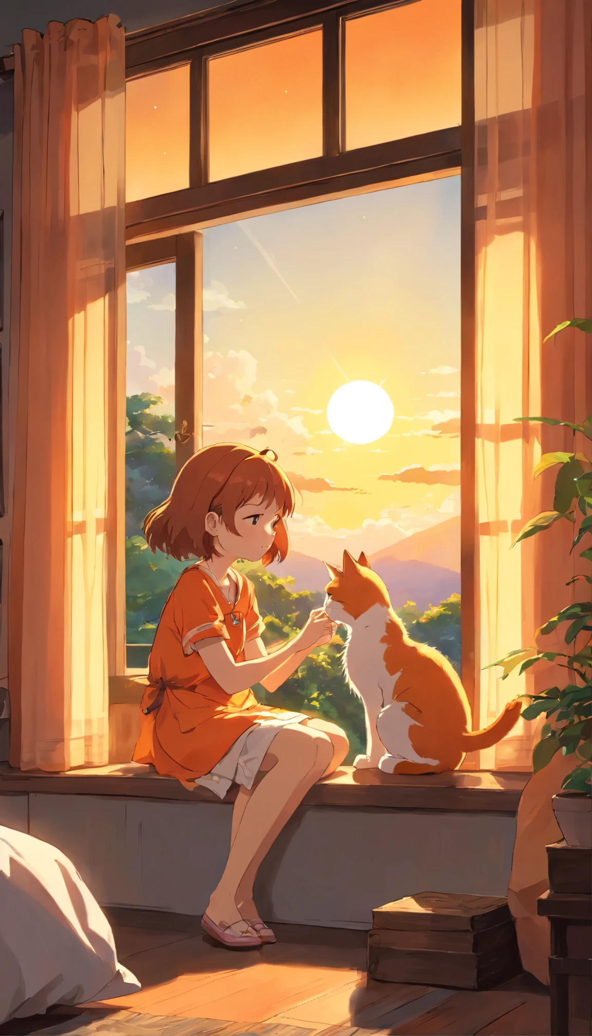 A cute girl sits and rubs the head of a little orange-and-white cat., Lying by the window Looking at the sun setting, Children's bedroom, Evening, sunset, mountain, in the city, tree, motor vehicle, The room window has curtains., high contrast, Lonely atmosphere