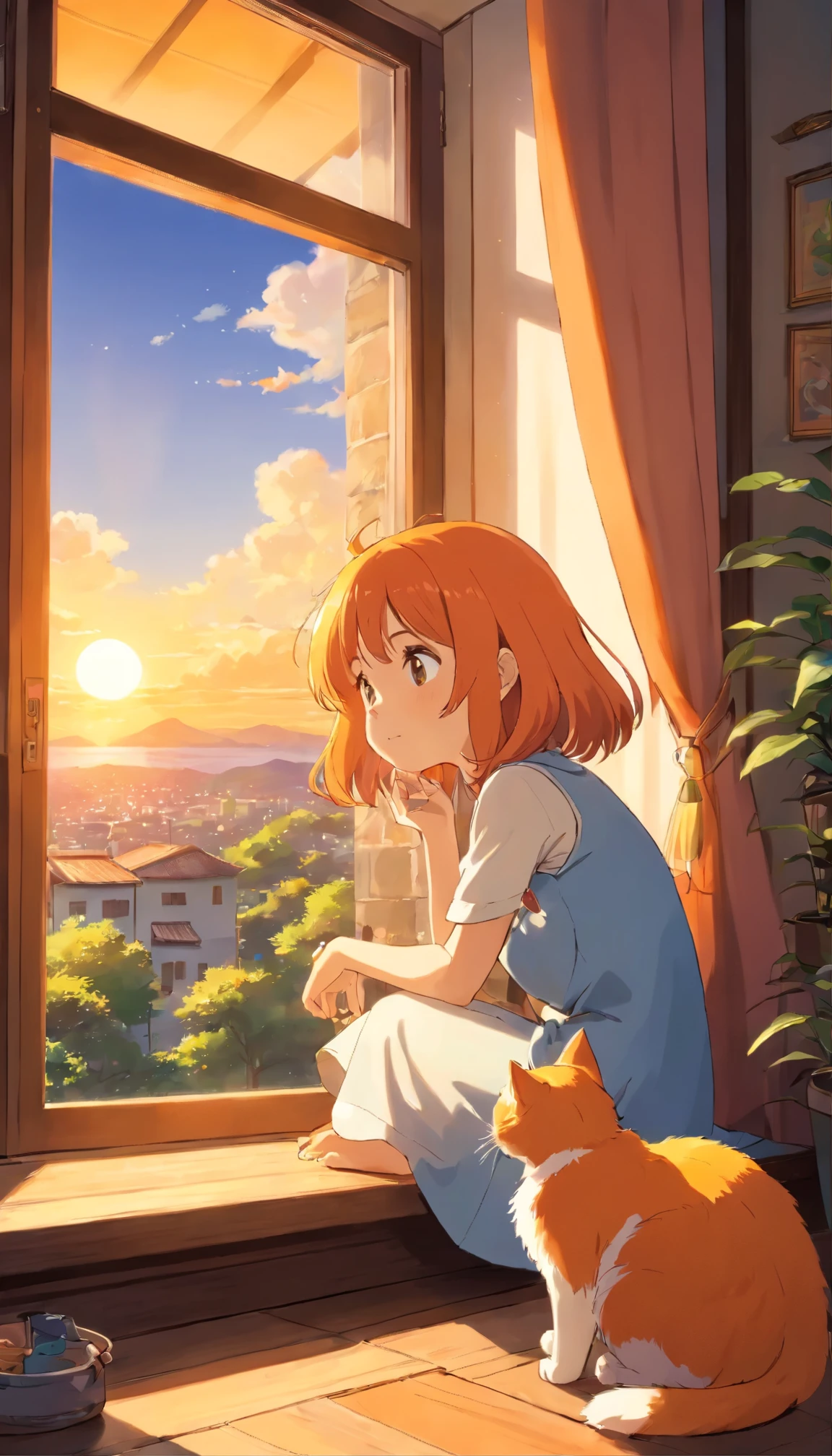 A cute girl sits and rubs the head of a little orange-and-white cat., Lying by the window Looking at the sun setting, Children's bedroom, Evening, sunset, mountain, in the city, tree, motor vehicle, The room window has curtains., high contrast, Lonely atmosphere