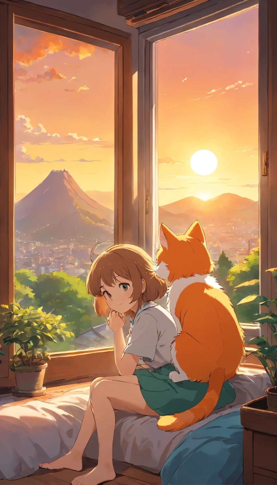 A cute girl sits and rubs the head of a little orange-and-white cat., Lying by the window Looking at the sun setting, Children's bedroom, Evening, sunset, mountain, in the city, tree, motor vehicle, The room window has curtains., high contrast, Lonely atmosphere