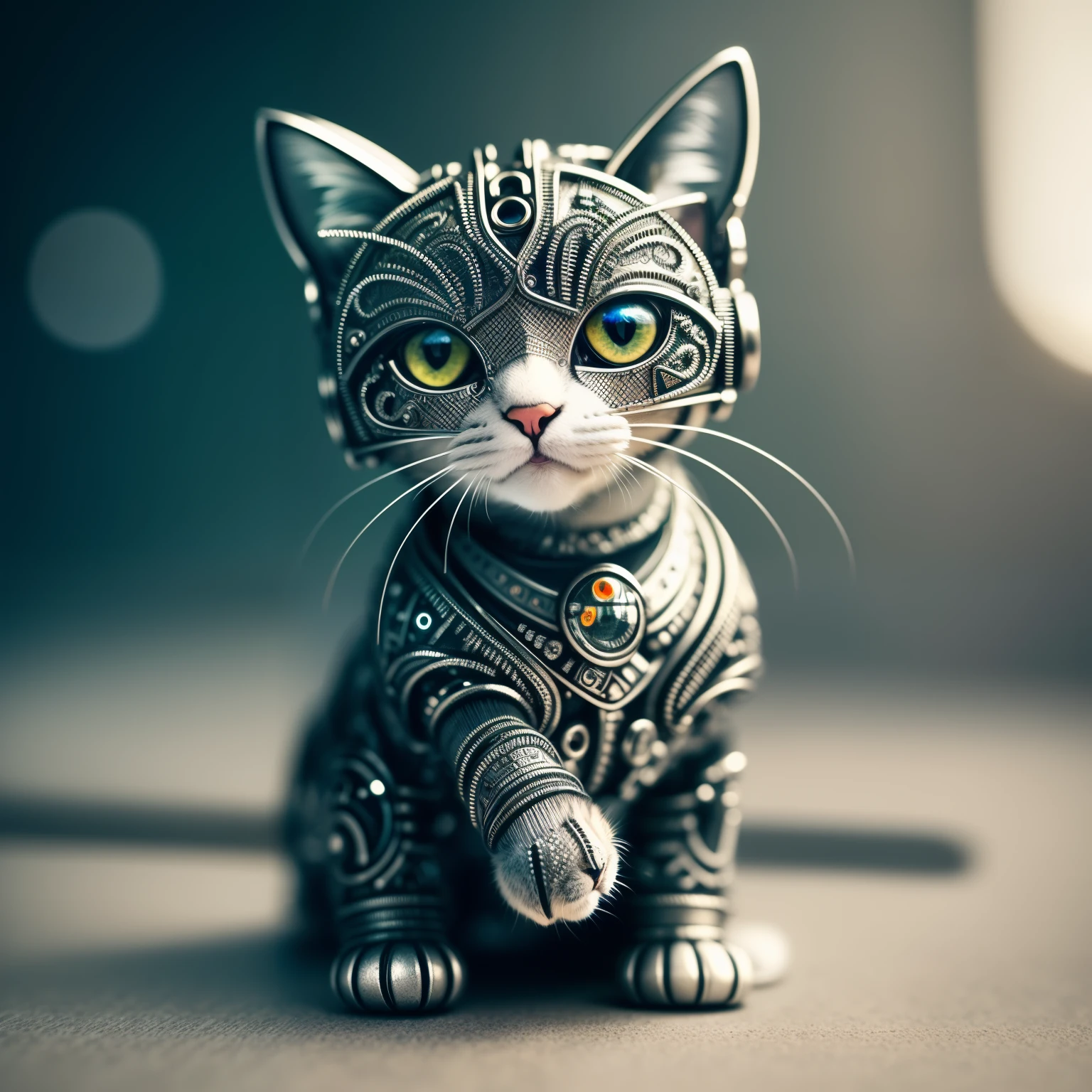 Cute kitten made of metal, (cyborg:1.1), ([tail | detailed wire]:1.3), (intricate details), HDR, (intricate details, hyperdetailed:1.2), cinematic shots, vignette, in the center