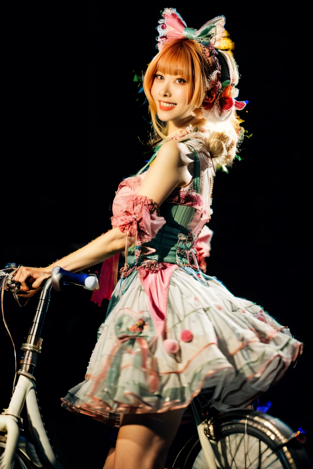 best image quality, excellent details, ultra high resolution, (fidelity: 1.4), best illustrations, Favor details, condensed 1girl, With a delicate and beautiful face, swimsuit、Dressed in a silver and white mecha, wearing a mechanical helmet, with directional controller, ride a bicycle, small face、スポーツタイプのride a bicycle、The background is a high-tech lighting scene of a futuristic city、Have apples
