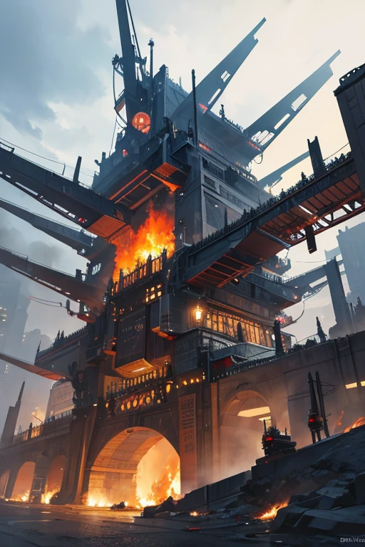 A complex fire structure in a futuristic city