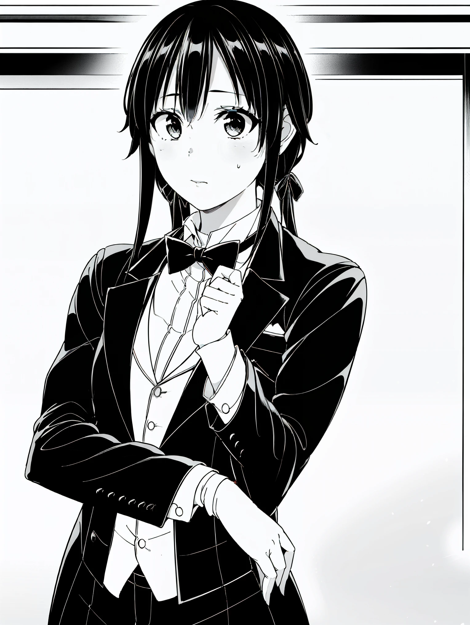 (masterpiece, best quality:1.2), 1girl, solo , yukinoshita yukino,b,classic black tuxedo,crisp tailored suit,sharp edges,perfectly fitted attire,sleek satin lapels,elegant bow tie,swagger,luxurious fabric