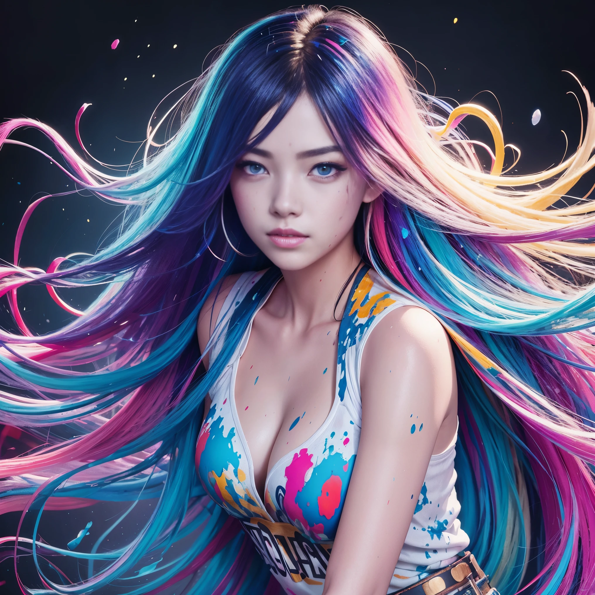 8k, RAW photo, realistic, photo-realistic, hyper-realistic, highest quality, highest quality, masterpiece, very detailed, disorganized,
masterpiece, highest quality, (very detailed CG Unity 8k 壁紙, masterpiece, highest quality, super detailed, best shadow), (detailed background), (beautiful detailed face, beautiful detailed eyes), high contrast, (best illumination), 1 girl, Australian person, colorful hair, beautiful, ((Colorful paint splatters on transparent background, dulux)), ((caustic)), dynamic angle,beautiful detailed glow,whole body, cowboy shot,