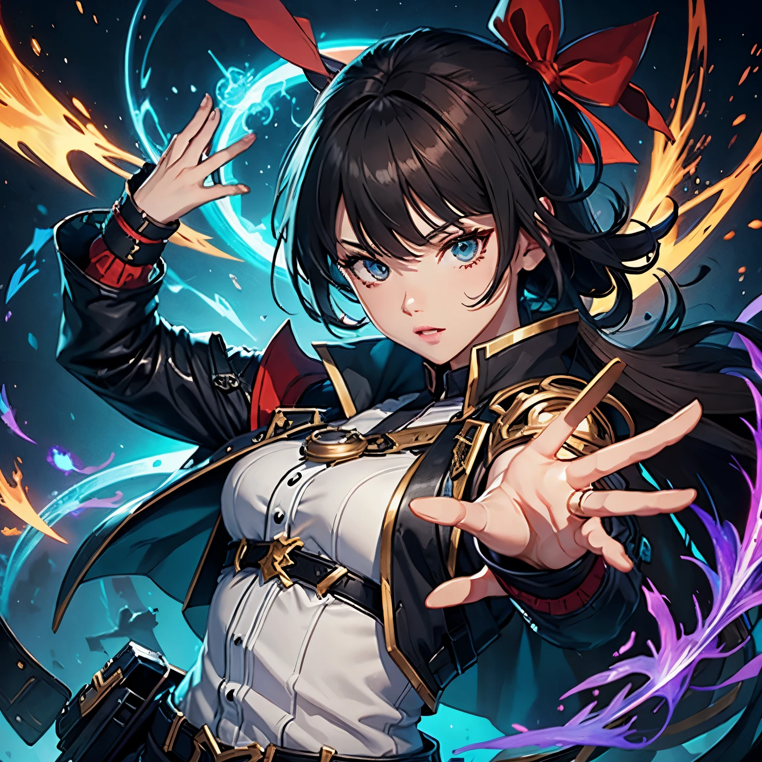 Cute girl with brown skin, Sexy body, Wavy Purple Hair [With a black shade], Golden Eyes (shining), ultra-realistic eyes, with pistol, jump, Sniper equipment, Valorant Riot Game, Round Face, Realistic lighting, Radiosity, close up.