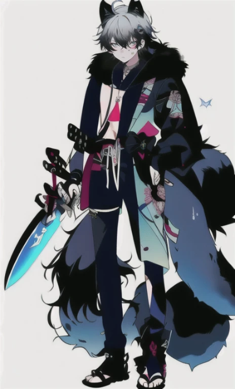 solo, 1boy,「white hair,cerulean blue」long hair, Demon knife, {{nighthawk mask}},  There&#39;s a man wearing a costume, {fox tail,}Apparition {one wing} Farson!!!!, furry Farson, furry characters, furry anime, Farson, furry paws furry, Furry shots, there is nothing, very hairy, furry artist, upright, [[[Anthropomorphic Nue]]] virtual youtuber, full body