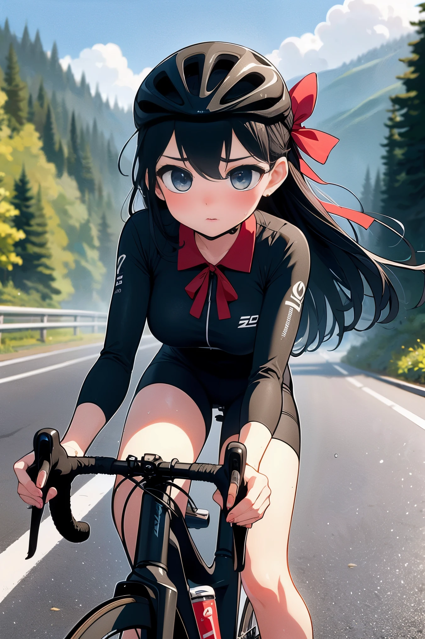 (((masterpiece))), (((highest quality))), (((ride a road bike))), downhill, Steep, Eye mask, earphone, Cycling Shorts, Wind, speed line effect, alone, 1 girl, ribbon, long hair, Split, big breasts, shy. blush,