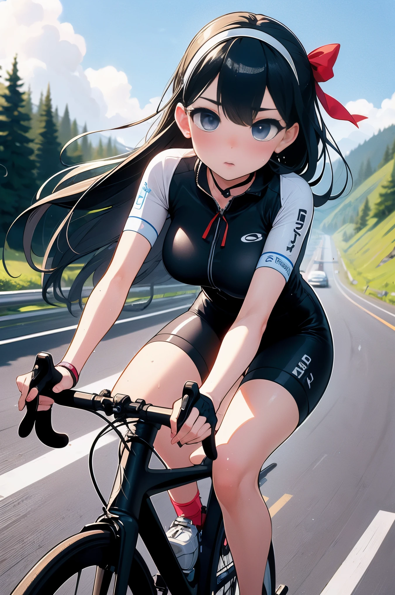 (((masterpiece))), (((highest quality))), (((ride a road bike))), downhill, Steep, Eye mask, earphone, Cycling Shorts, Wind, speed line effect, alone, 1 girl, ribbon, long hair, Split, big breasts, shy. blush,  