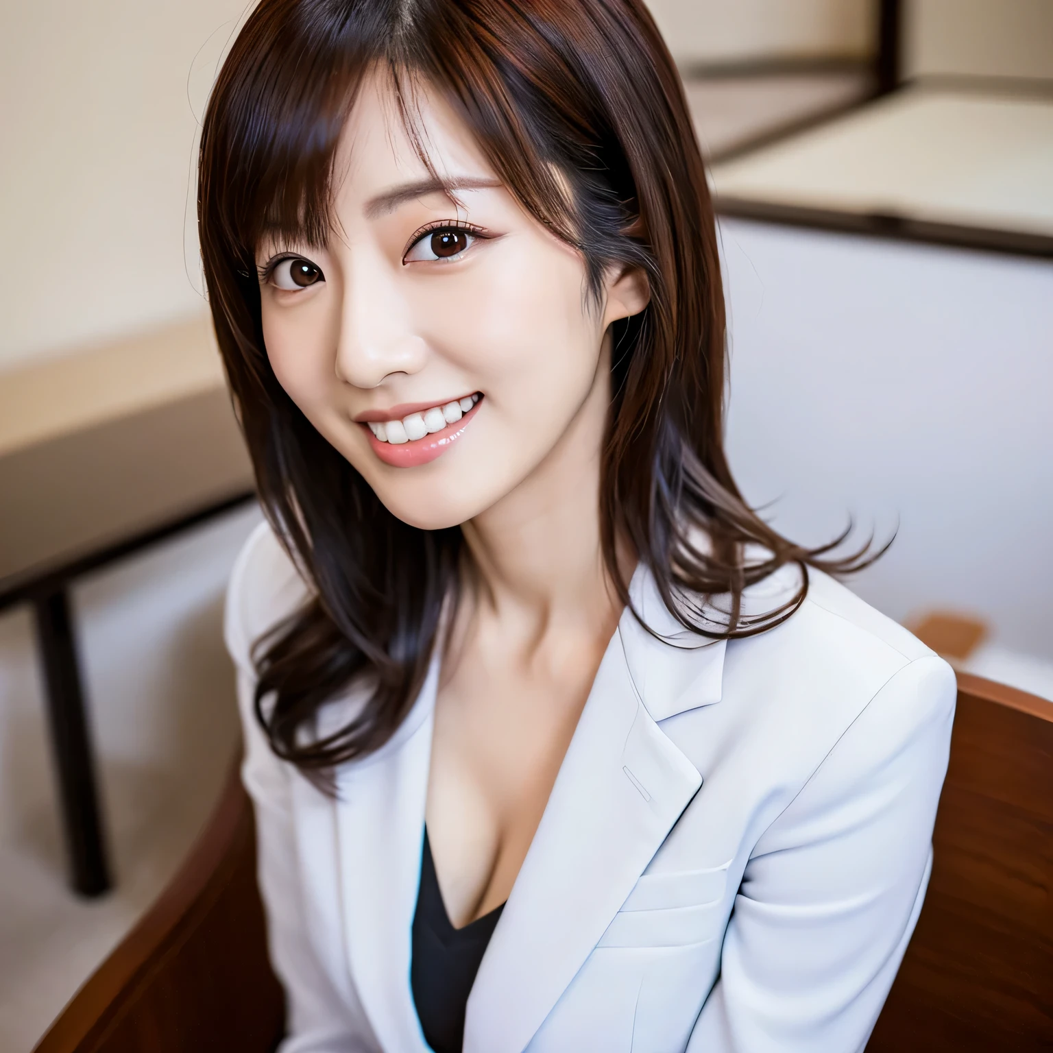 highest resolution, 4k, masterpiece: 1.3), japanese mature, sexy, fine eyes, 30 generation women, realistic teeth, double eyelid, whole body, highest quality, be familiar with, feel horny, feminine, suit