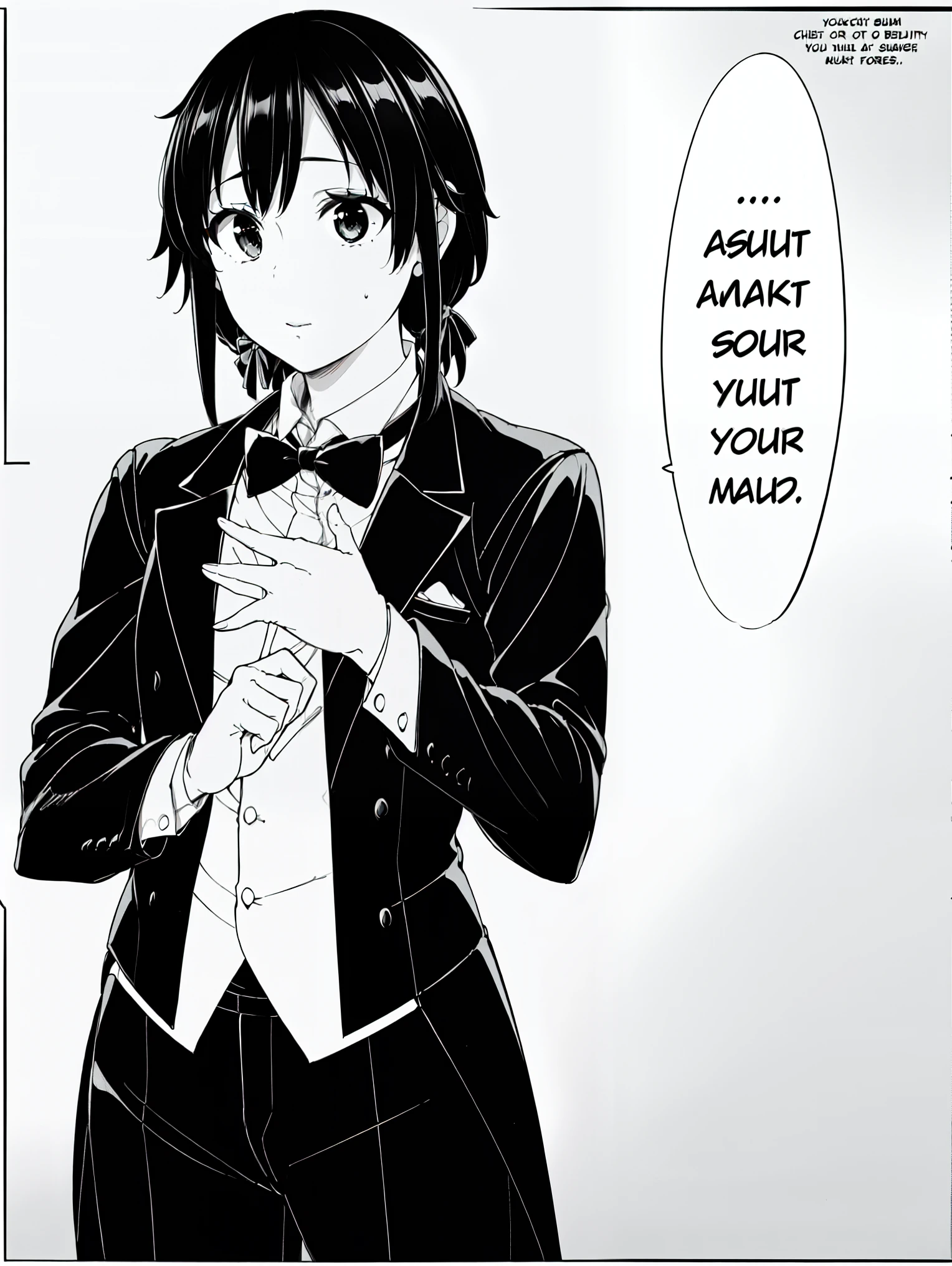 (masterpiece, best quality:1.2), 1girl, solo , yukinoshita yukino,b,classic black tuxedo,crisp tailored suit,sharp edges,perfectly fitted attire,sleek satin lapels,elegant bow tie,swagger,luxurious fabric